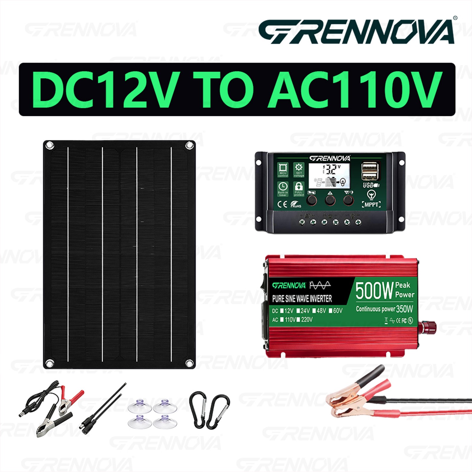 Grennova 500W Pure Sine Solar System 50W Panel 60A MPPT Dual Voltage Inverter