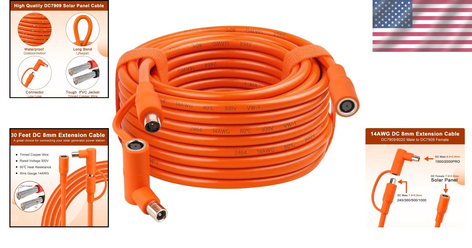 Flexible 30FT DC7909 Solar Cable with Flame-Retardant PVC and Easy Installation