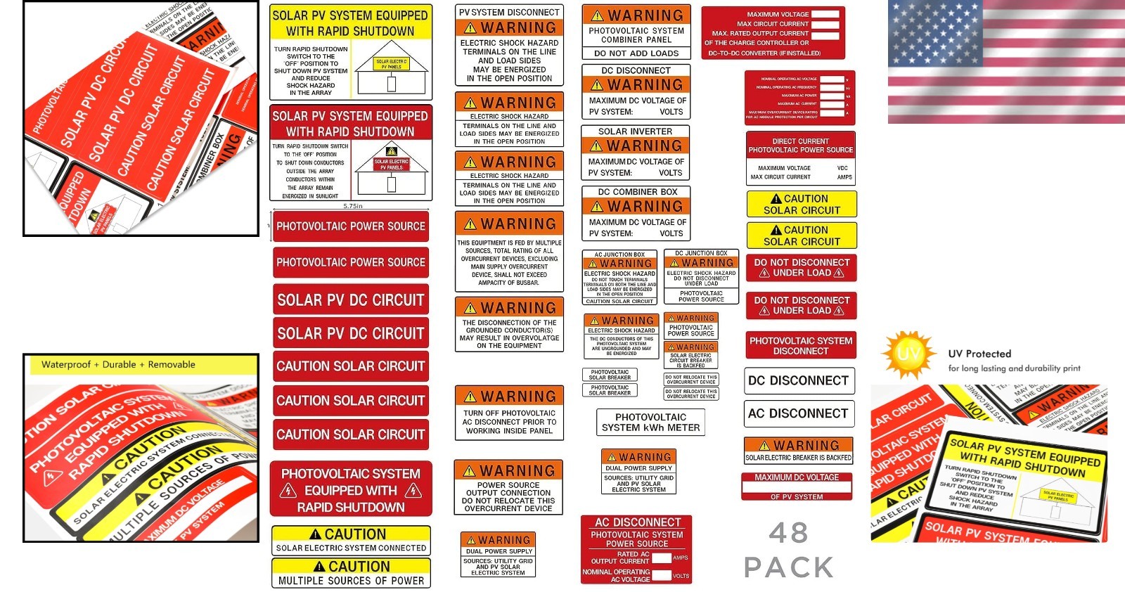 Weather-Resistant Solar Panel Safety Labels Kit | 48 High-Quality Stickers