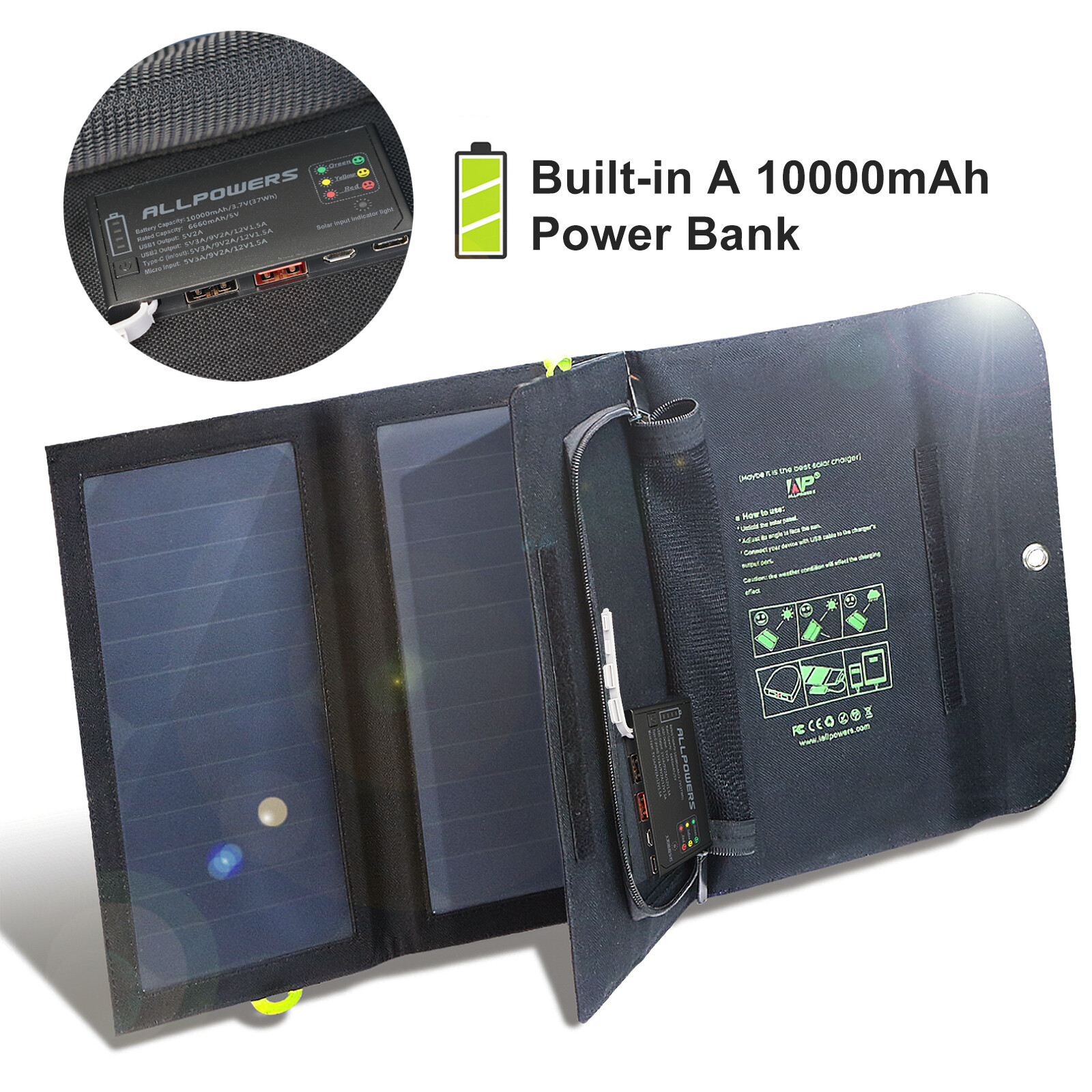 Portable 21W Solar Panel Charger 10000mAh Power Bank For Camping Hiking iPhone
