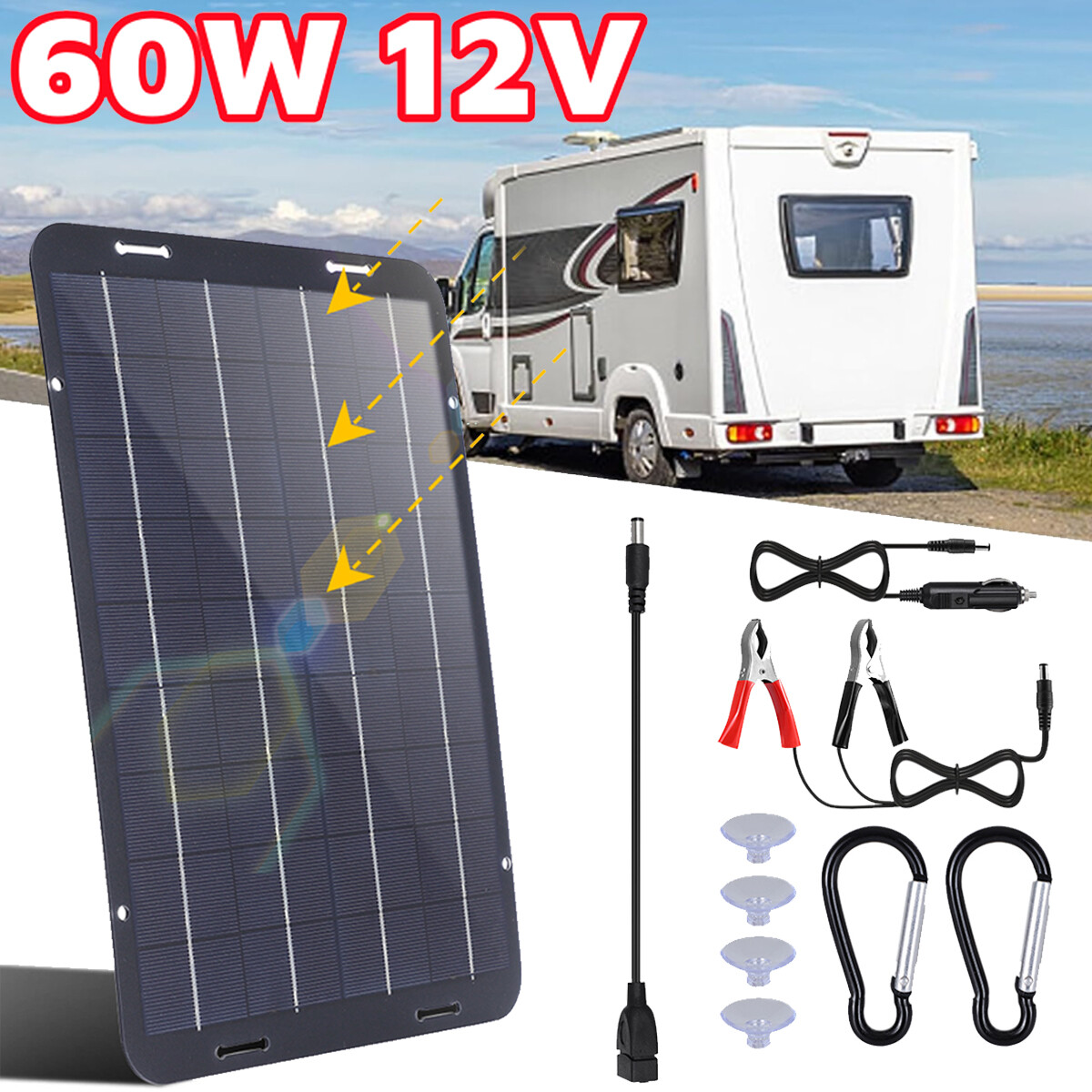 60W Solar Panel Kit 12V Trickle Charger Battery Charger Maintainer Boat RV Car