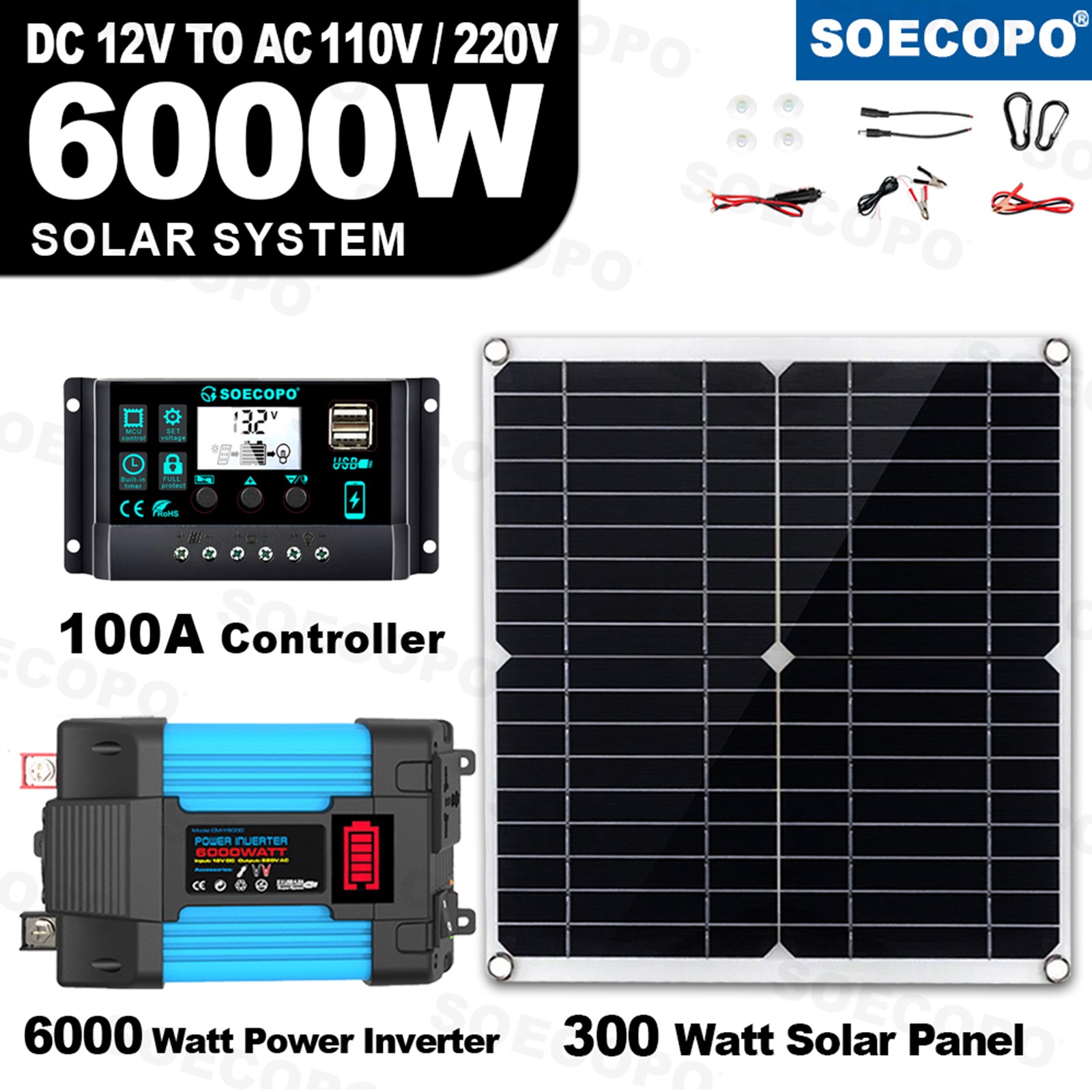 6000W Solar Power System 100A MPPT Controller 300W Panel 12V to 110V/220VDA