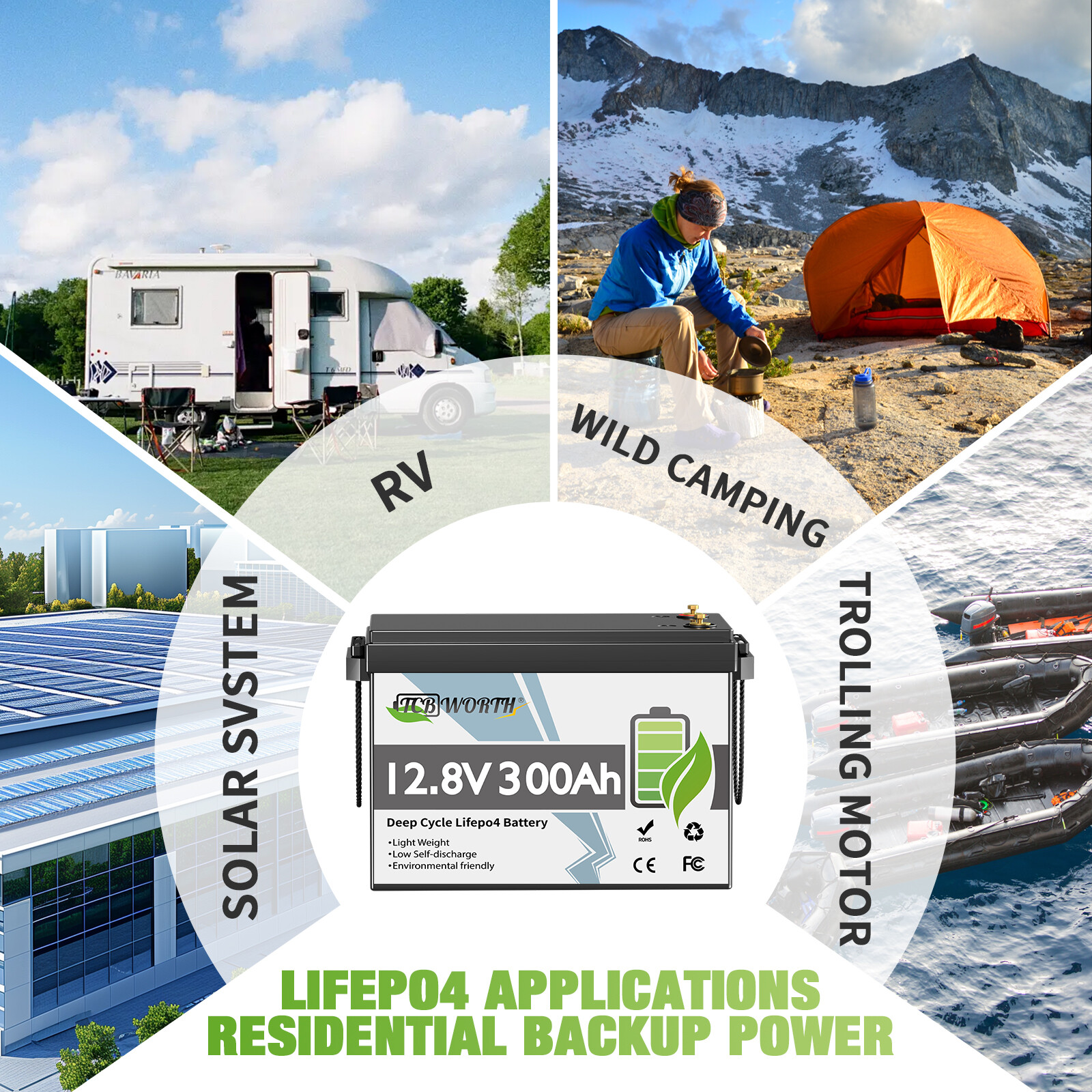 12V/24V 200Ah LiFePO4 Deep Cycle Lithium Battery for RV Marine Off-grid Solar
