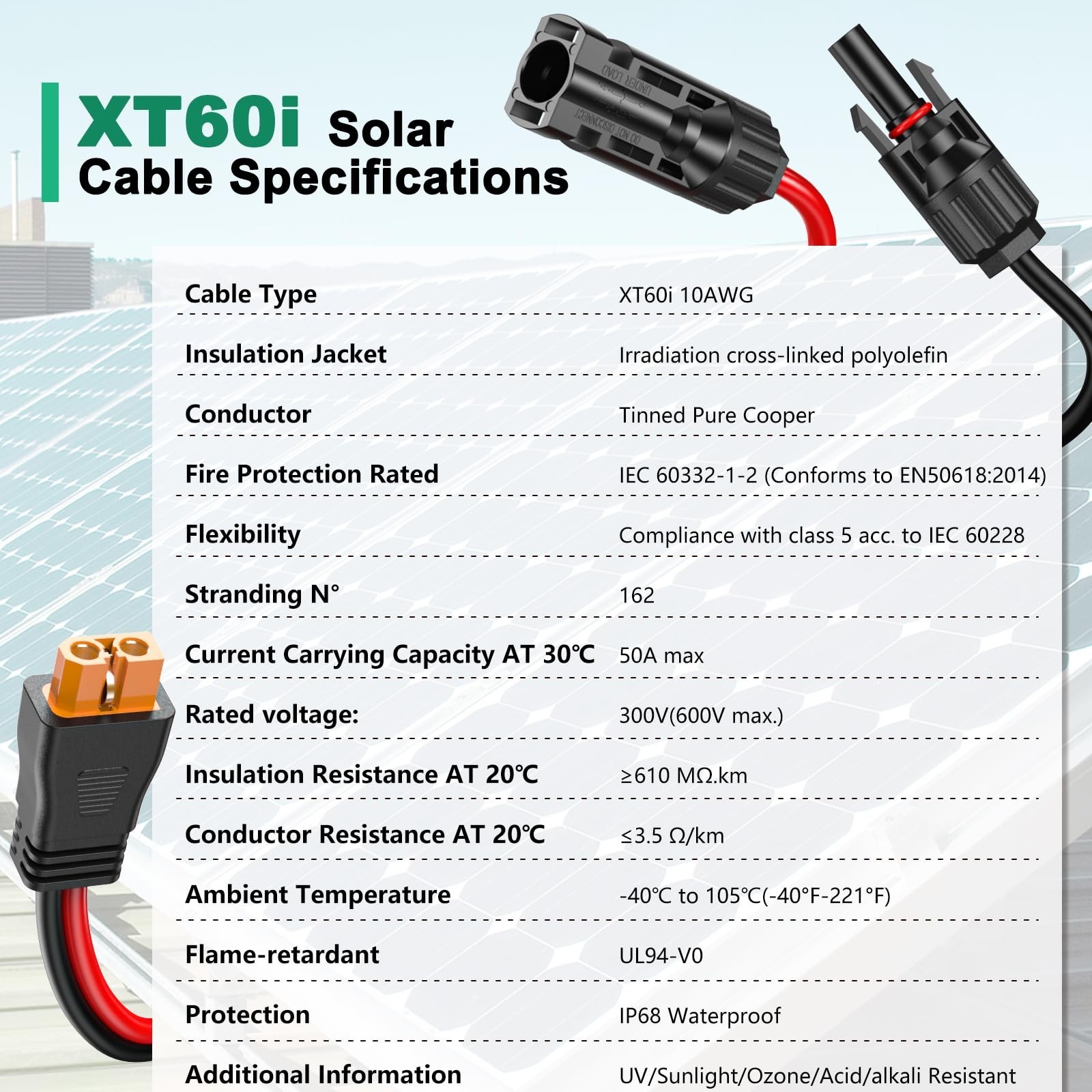 25FT 10AWG Solar XT60i Cable, Solar Panel Connector Extension for Power Stations