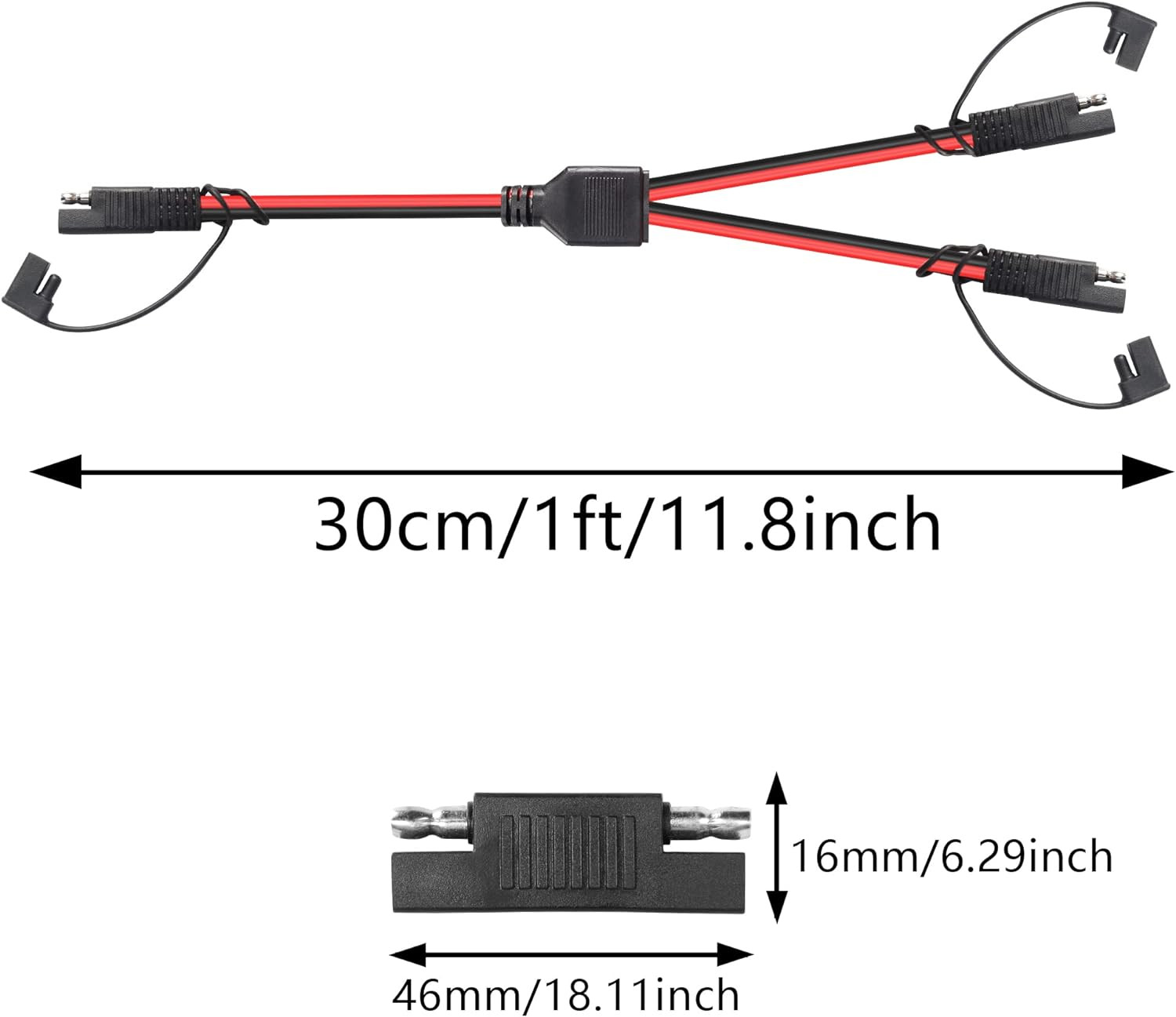 12AWG SAE Y Splitter 1 to 2 Extension Cable with Waterproof Cap 1Ft SAE to 2 SAE