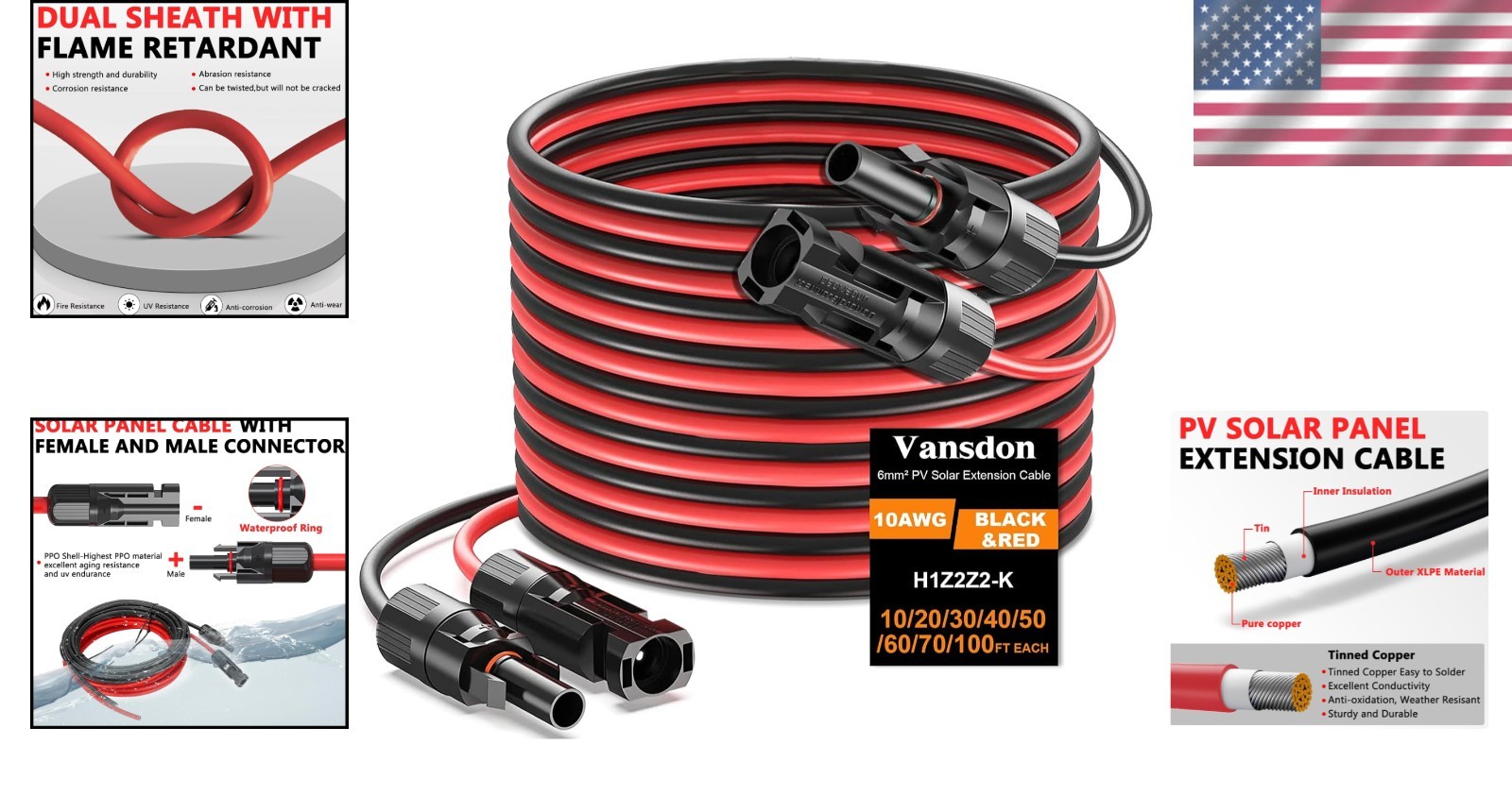 2 Pack 30ft Solar Panel Wire- 10AWG Tinned Copper Waterproof