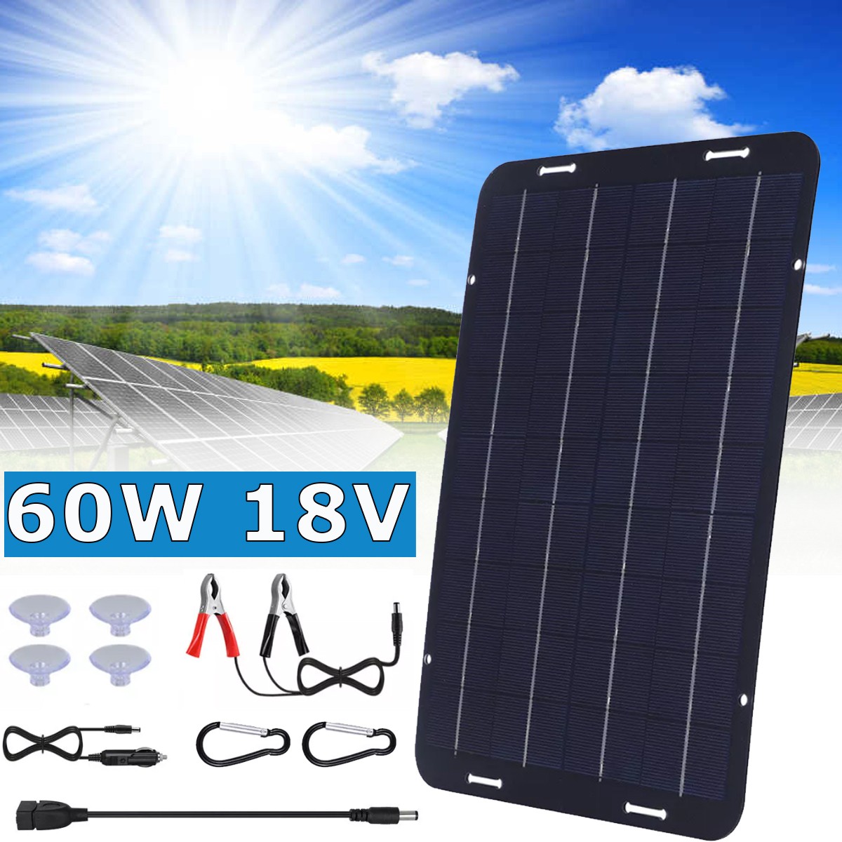 60W Solar Panel 18V Trickle Charger Battery Charger Kit Maintainer Boat Car RV