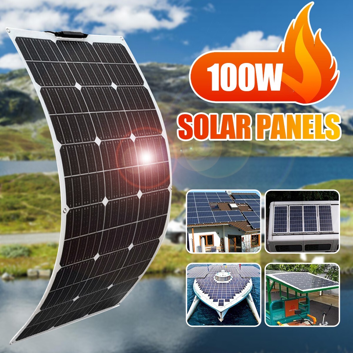 100W 18V Flexible Monocrystalline Solar Panel Module Marine Boat RV Car US