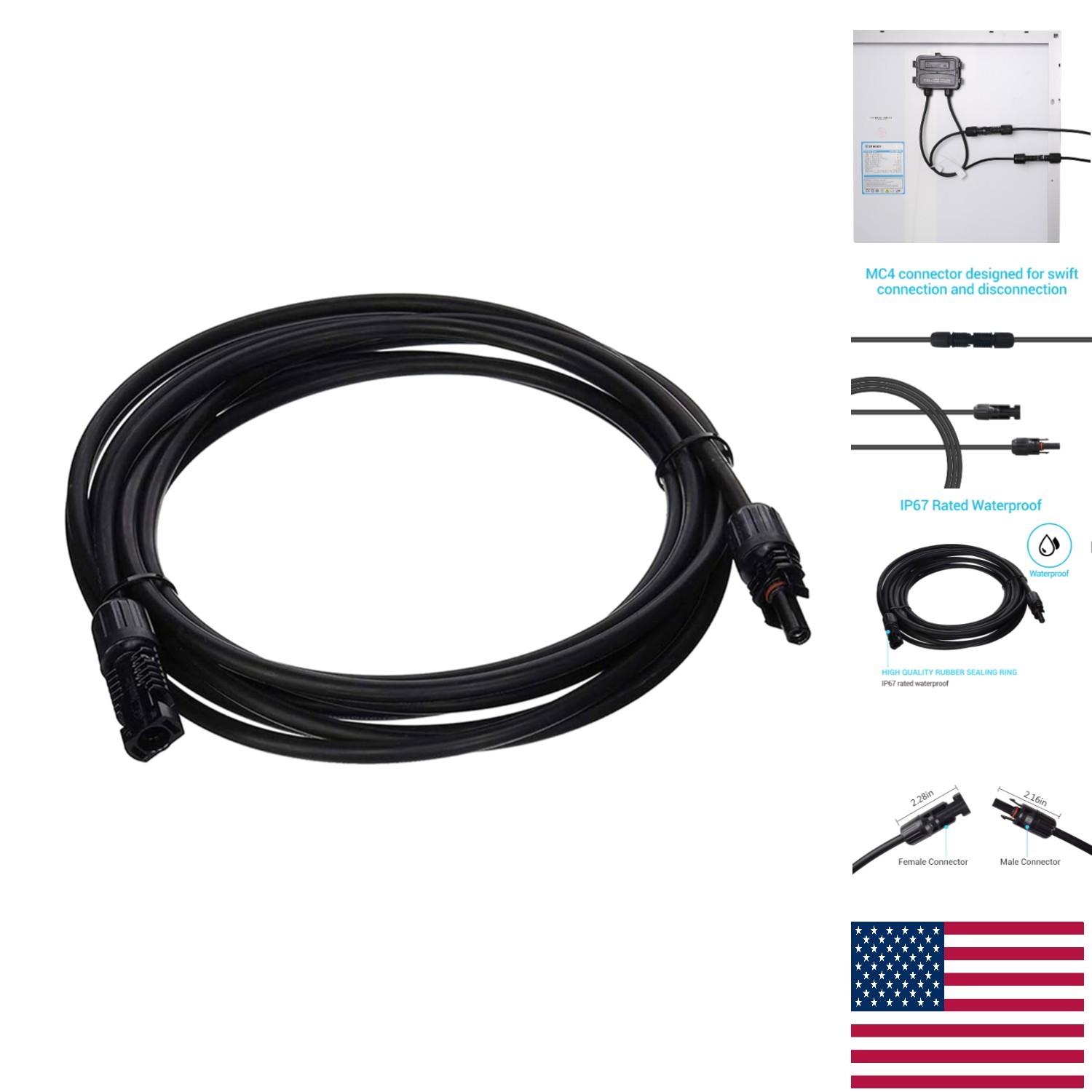 1.5Ft 12AWG Solar Panel Wire Adaptor – Weatherproof Male & Female Connectors