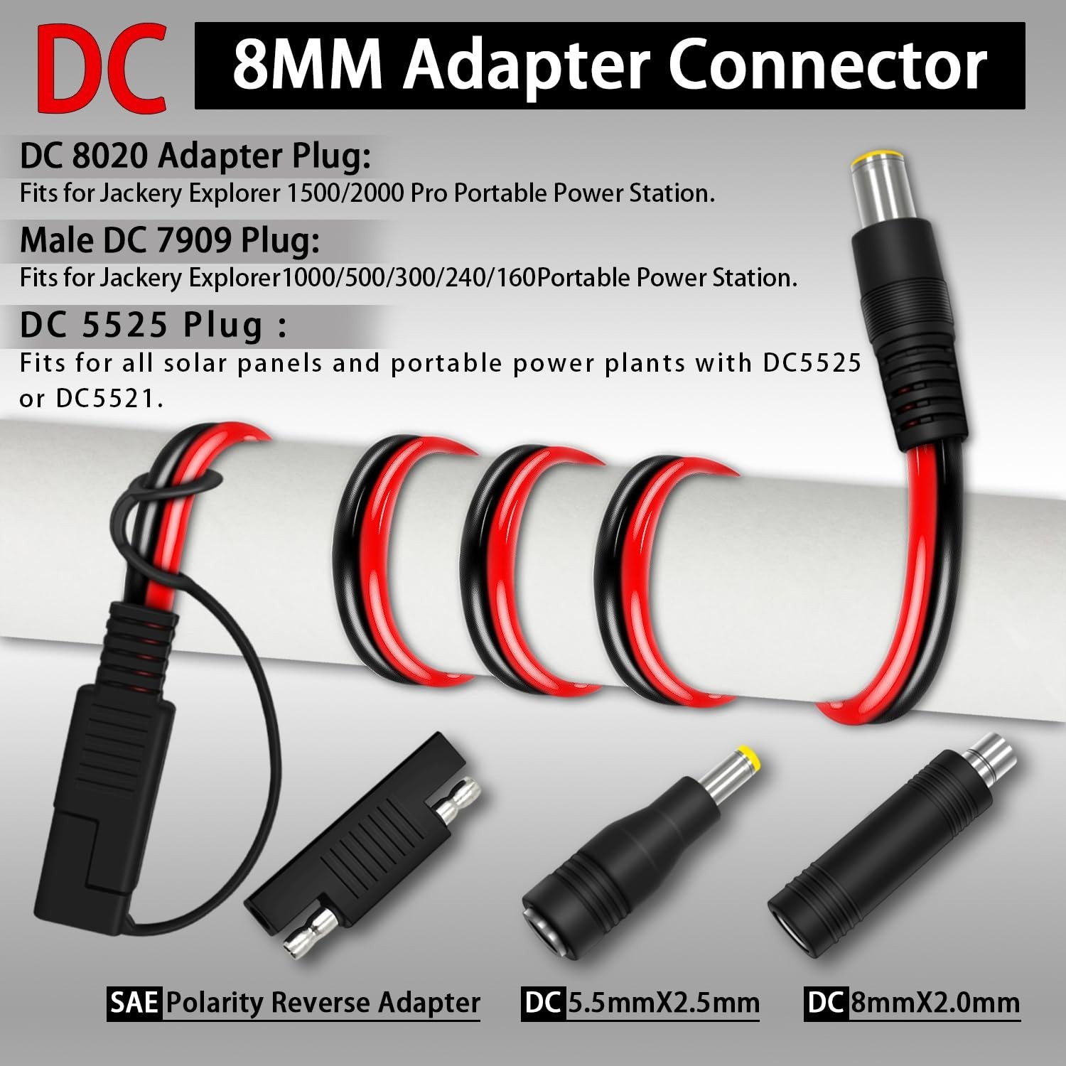 6FT SAE to DC8mm Male Adapter for Jackery Solar Panel, Includes Reverse Polar…