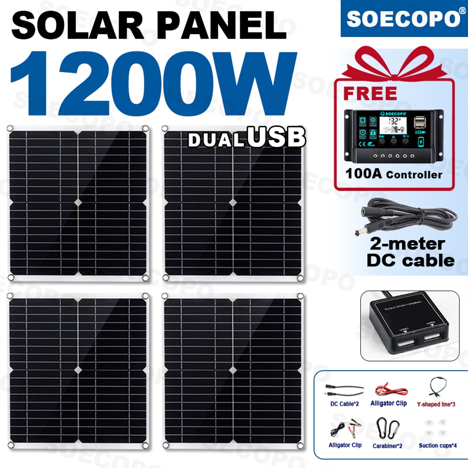 1200W Solar Panel Combo – 4 x 300W + 100A Controller + Y-Cable + Suction Cupsl