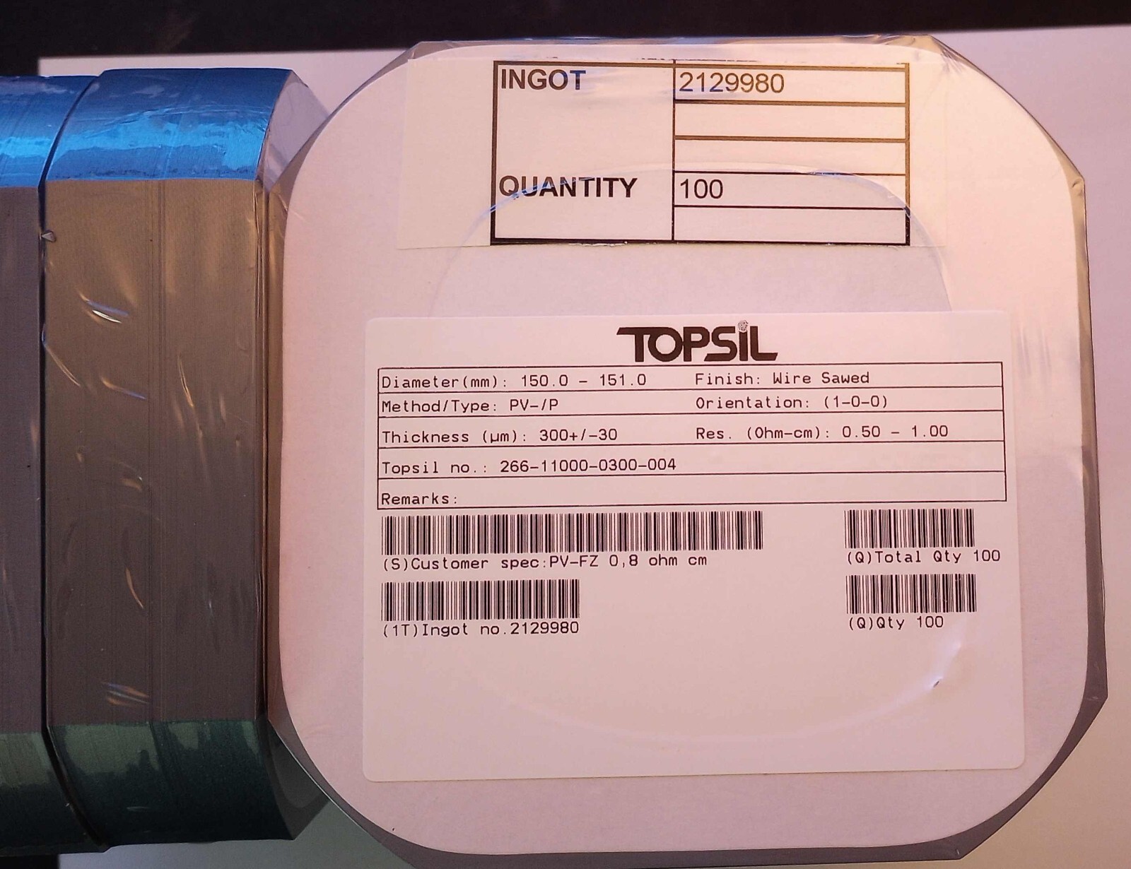 Silicon – raw Silicon slices from TOPSil – 150x150mm – 300um thick – Qty100
