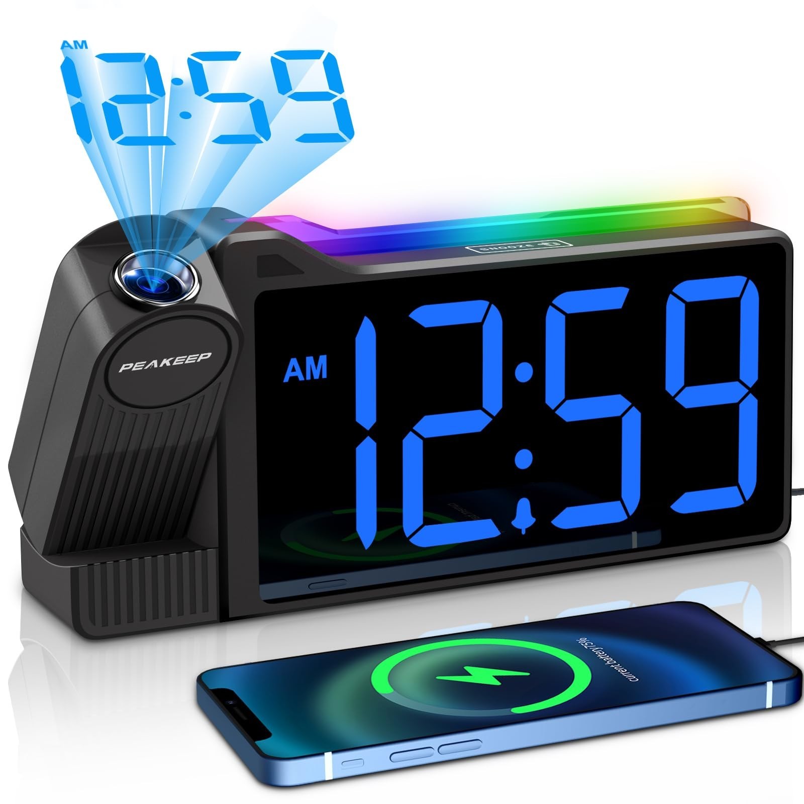 Peakeep Projection Alarm Clock for Bedroom Ceiling 180° Rotatable, Loud for