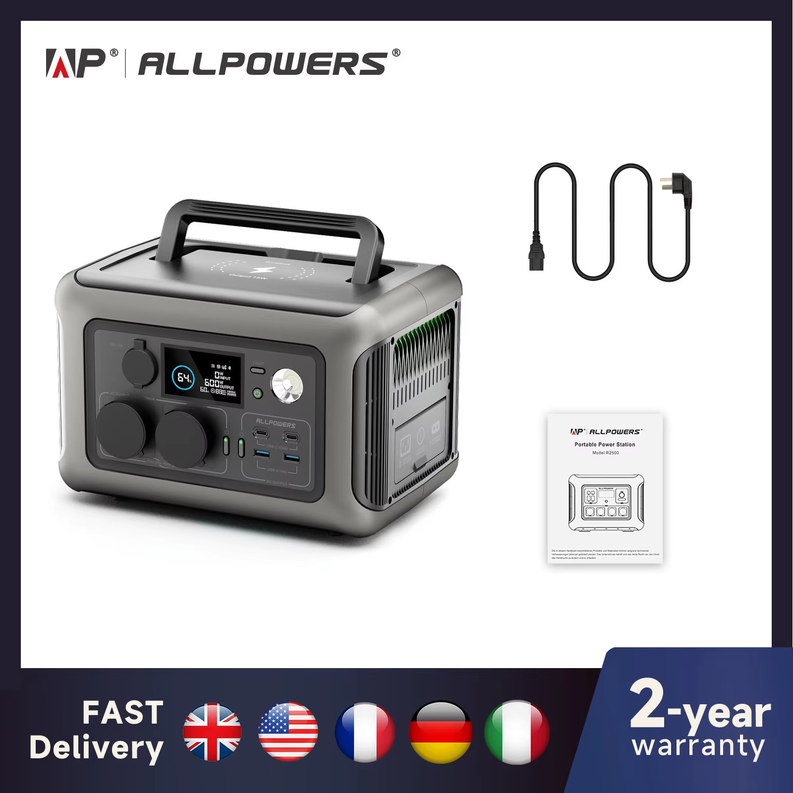 Portable Power Station R600, 299Wh LiFeP04 Battery with 2x 600W (1200W Surge)