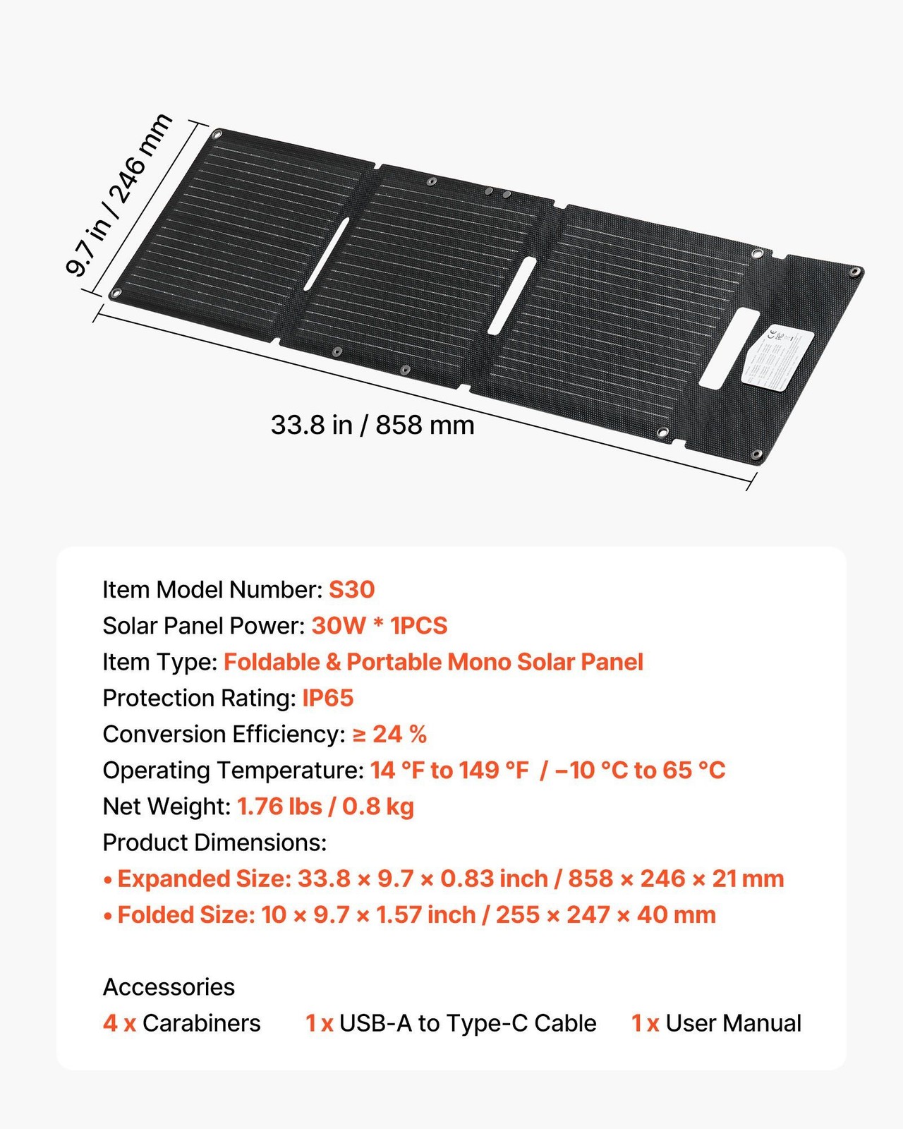 Ultra-Light 30W Foldable Solar Panel, N-Type Mono, 24% Eff, IP65, -10°C to 65°C