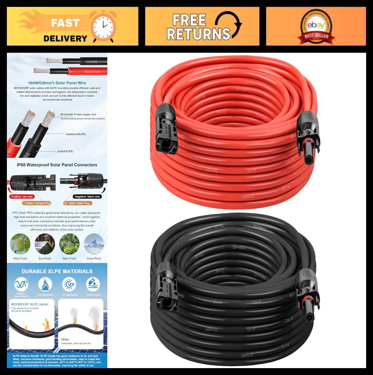 40FT 10AWG Solar Panel Extension Cable – Waterproof PV Wire for RV, Home, Boat