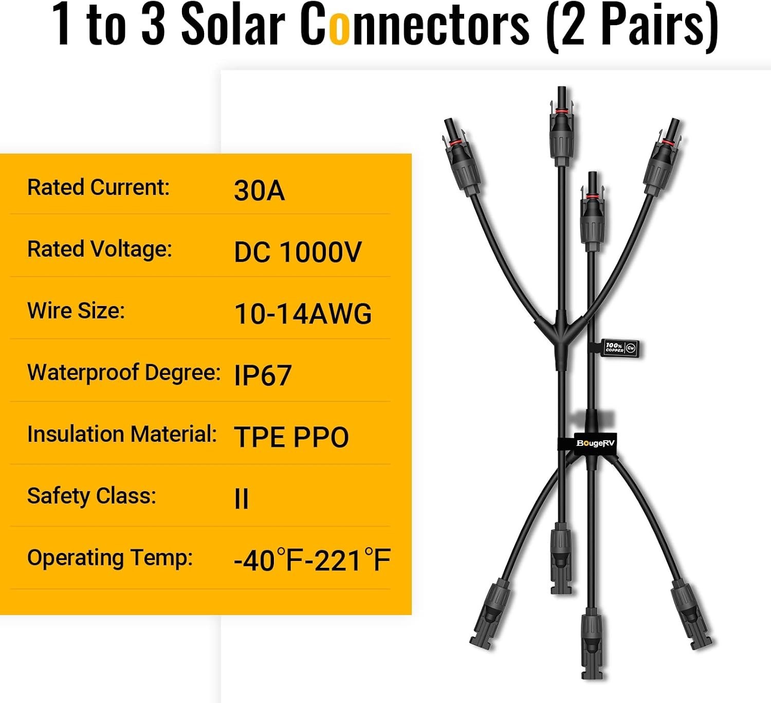 Waterproof Y Branch Solar Connectors – 30A DC1000V Tool Kit, 2 Pairs M/FFF/F/MMM