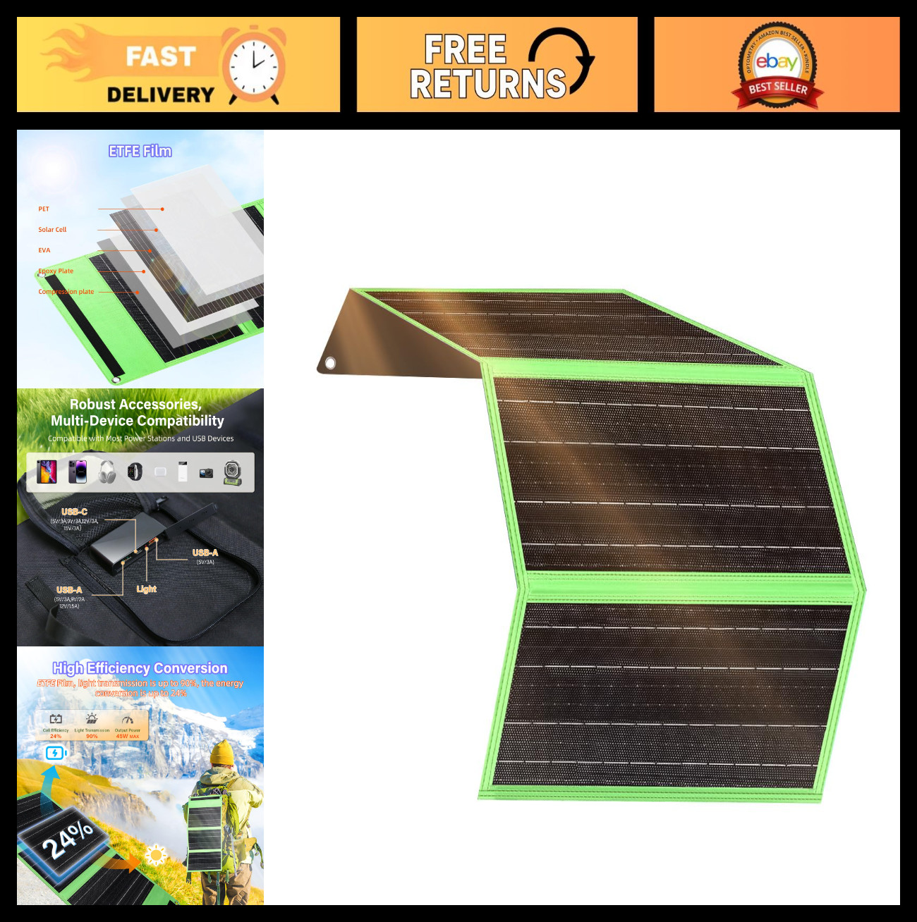 45W Foldable Solar Charger, Dual USB-A & USB-C, Waterproof Portable Power Bank f