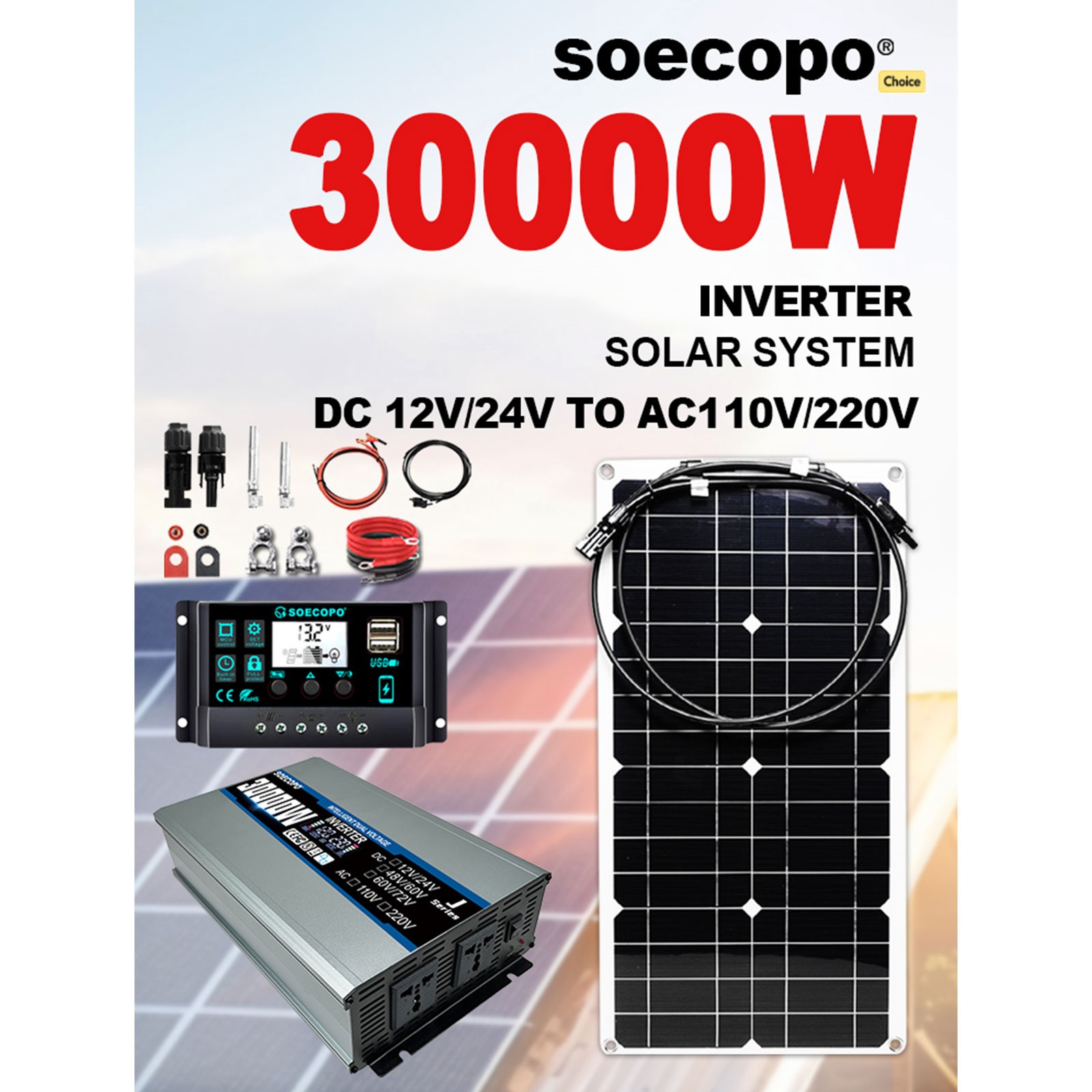 SOECOPO 30000W Peak Solar System Kit Flexible Panel for Camp Charger Off Grid
