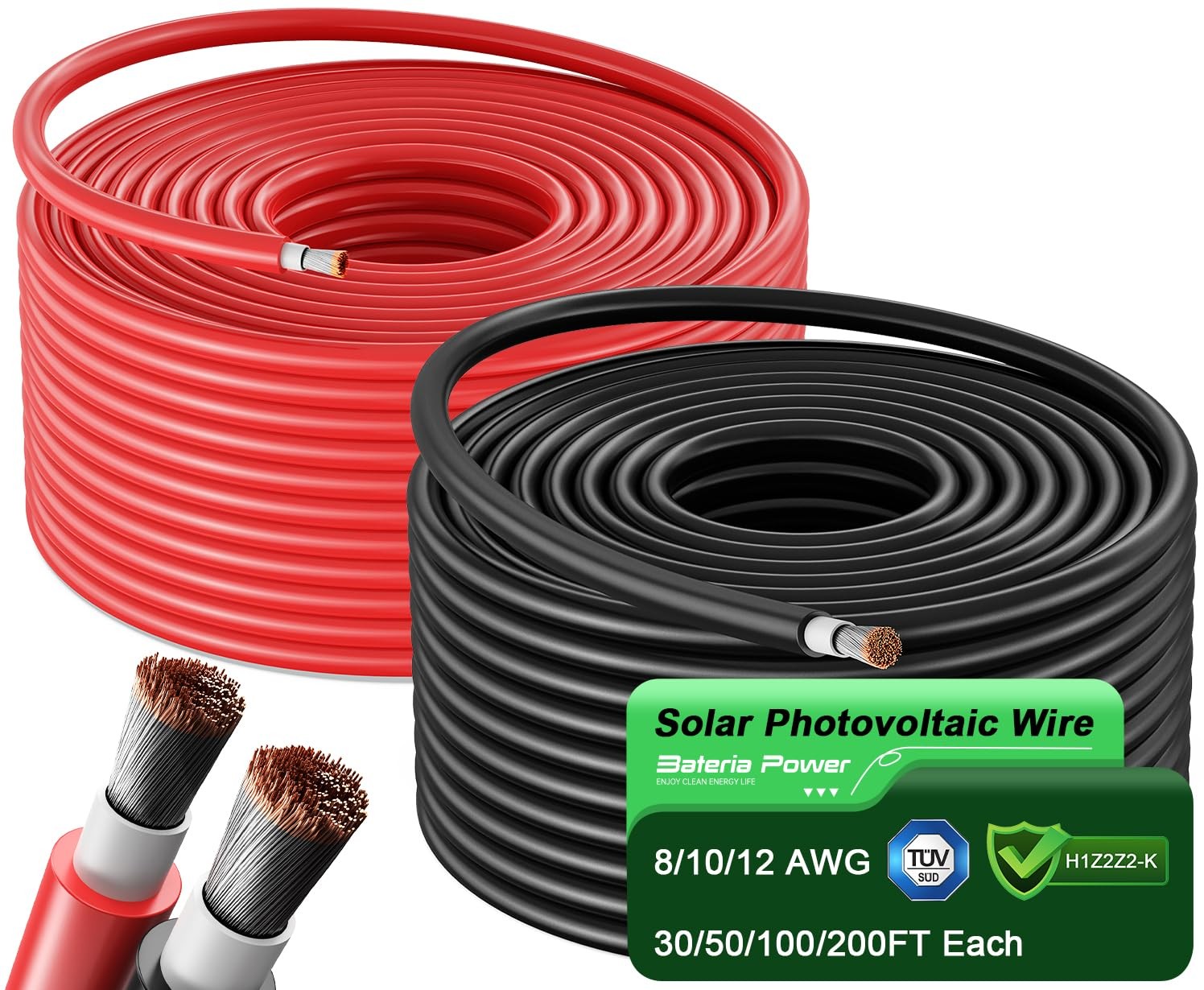 Bateria Power Solar Panel Wire 50Ft Black and 50Ft Red Kit, 10AWG 6mm² Solar …