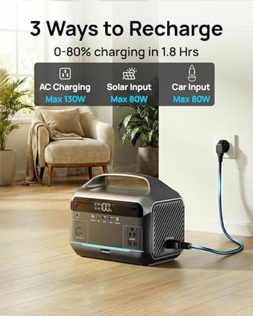 Portable Power Station 1200W Surge, 288Wh LiFePO4 Battery Solar Black