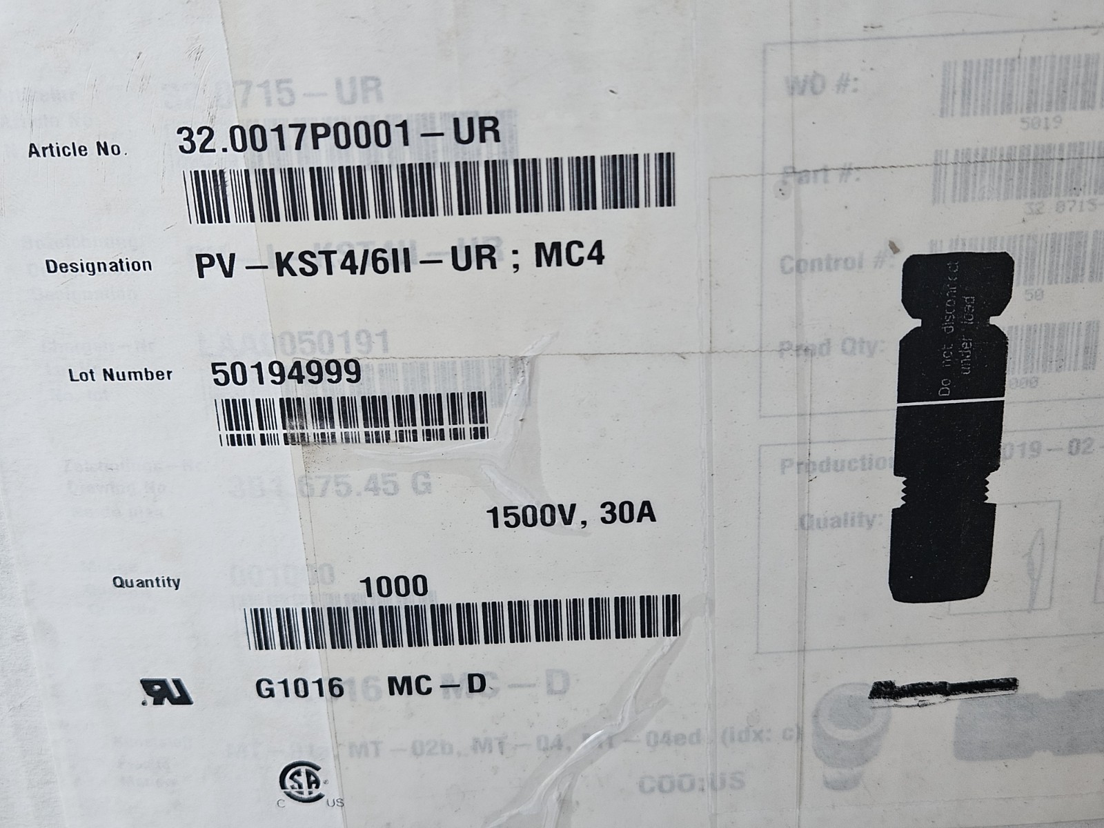 (1000) NO PINS Staubli PV-KST4/6ii UR MC4 PV Connectors Female NO PINS