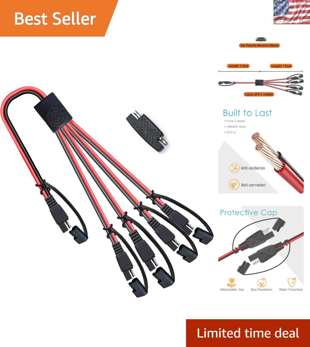 SAE 1 to 4 Extension Cable Quick Disconnect for Solar Panels and Automotive