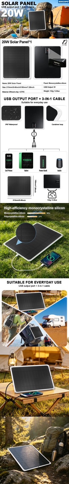 20W Flexible Mono Solar Panel USB Charger Phone Camping 3-in-1 Cable Included