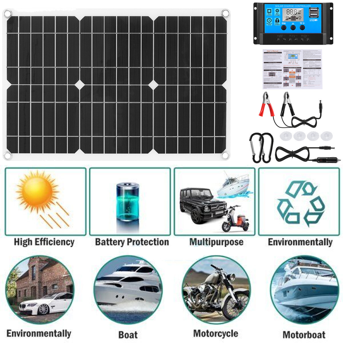 20W 12V Solar Panel Kit 12V Charging Off-Grid Battery Power RV Home Boat Camp