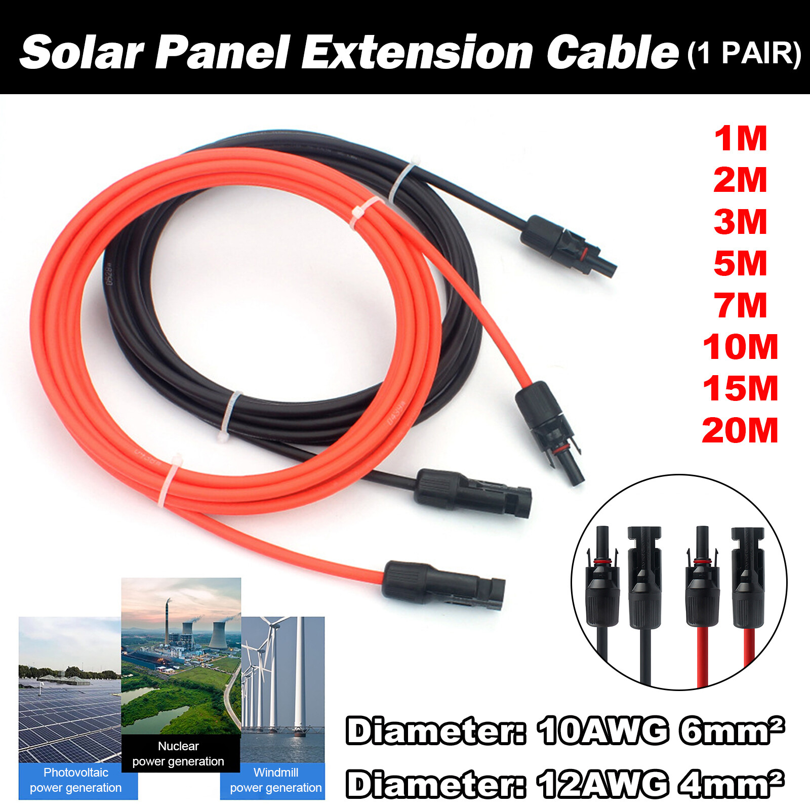 10/12/14AWG ,1 Pair Solar Panel Extension Cable with Female & Male Connectors