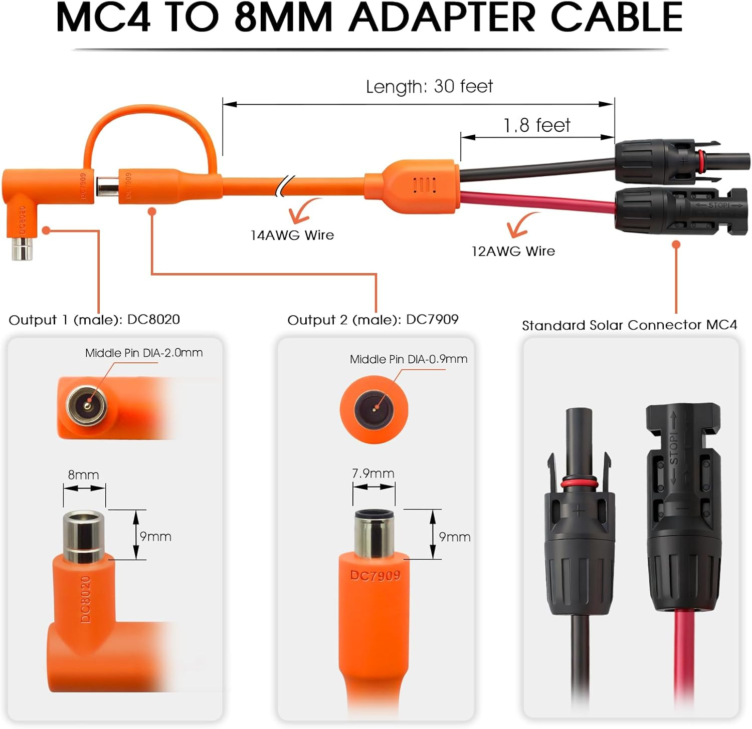 30FT MC4 to 8Mm Adapter Cable for Jackery | Universal Solar Panel Connector and