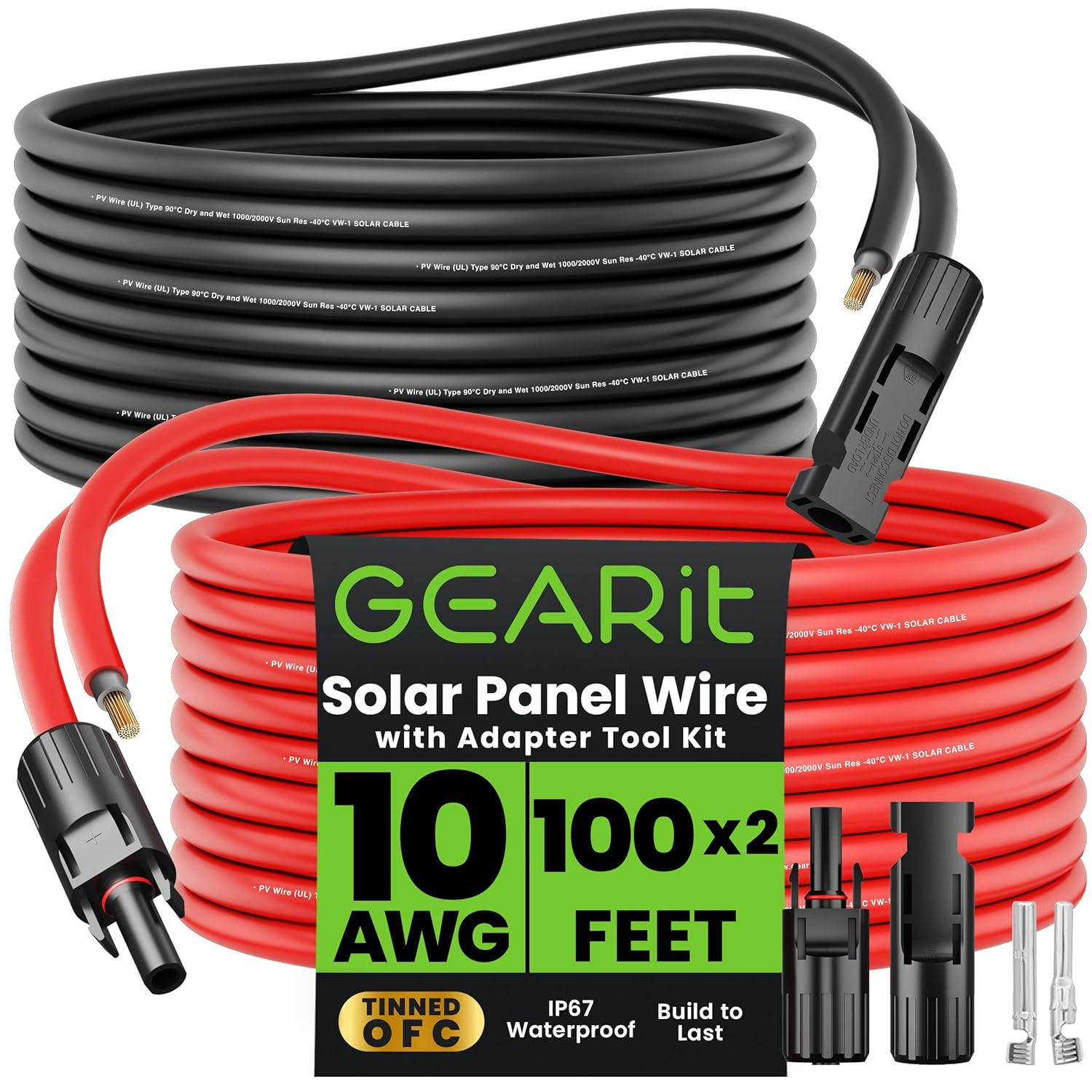 Gearit 10AWG Solar Extension Cable (100FT Black – 100Ft Red) Male to Female Sola