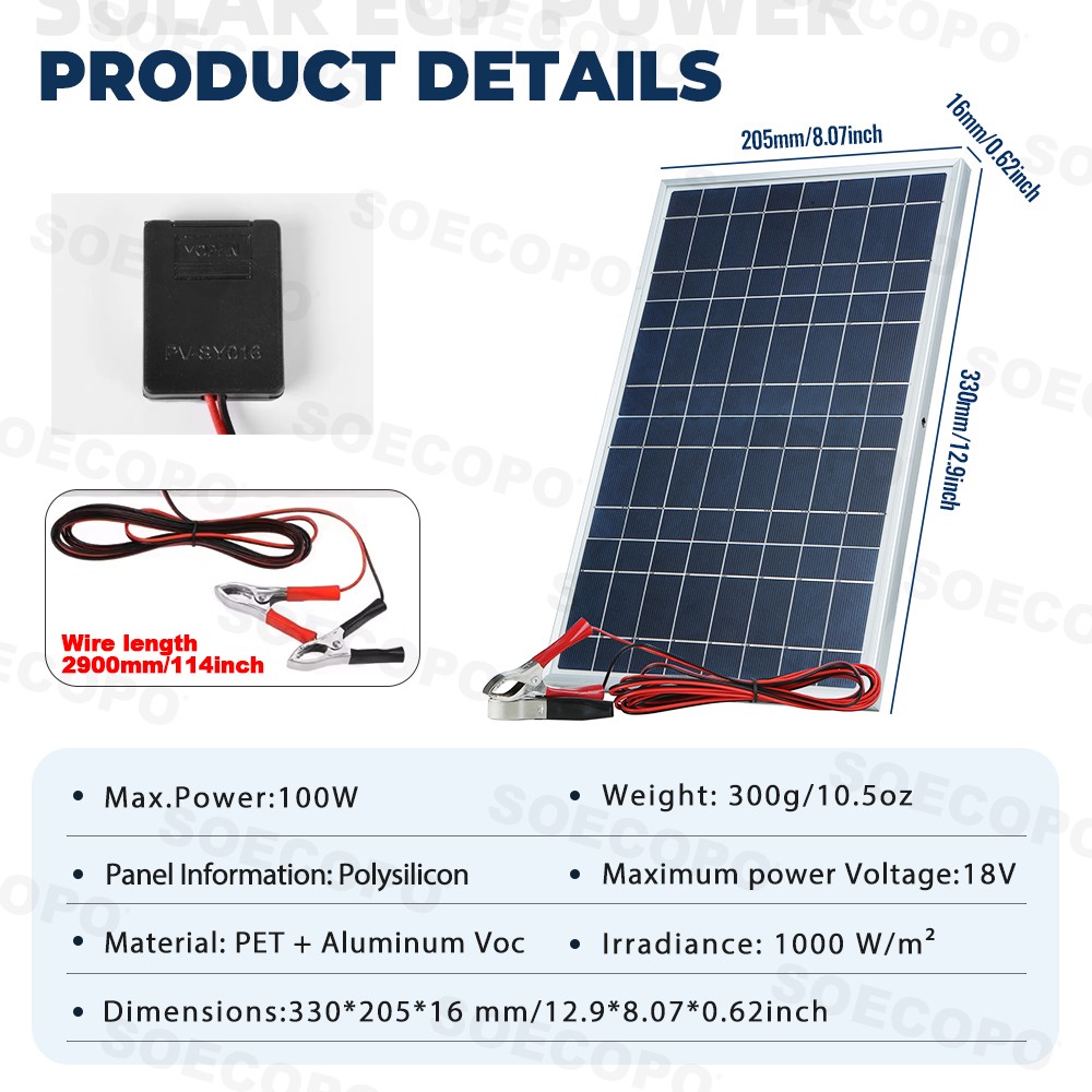 100W 18V Portable Solar Panel 12V Car RV Boat Battery Charger Clips
