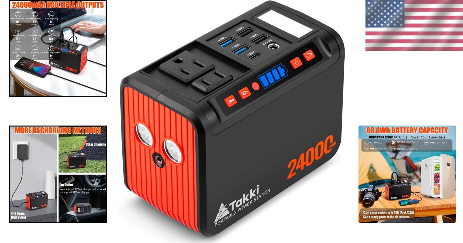 Emergency-Ready 88.8Wh Battery Generator with 8 Outputs & Built-in Flashlight