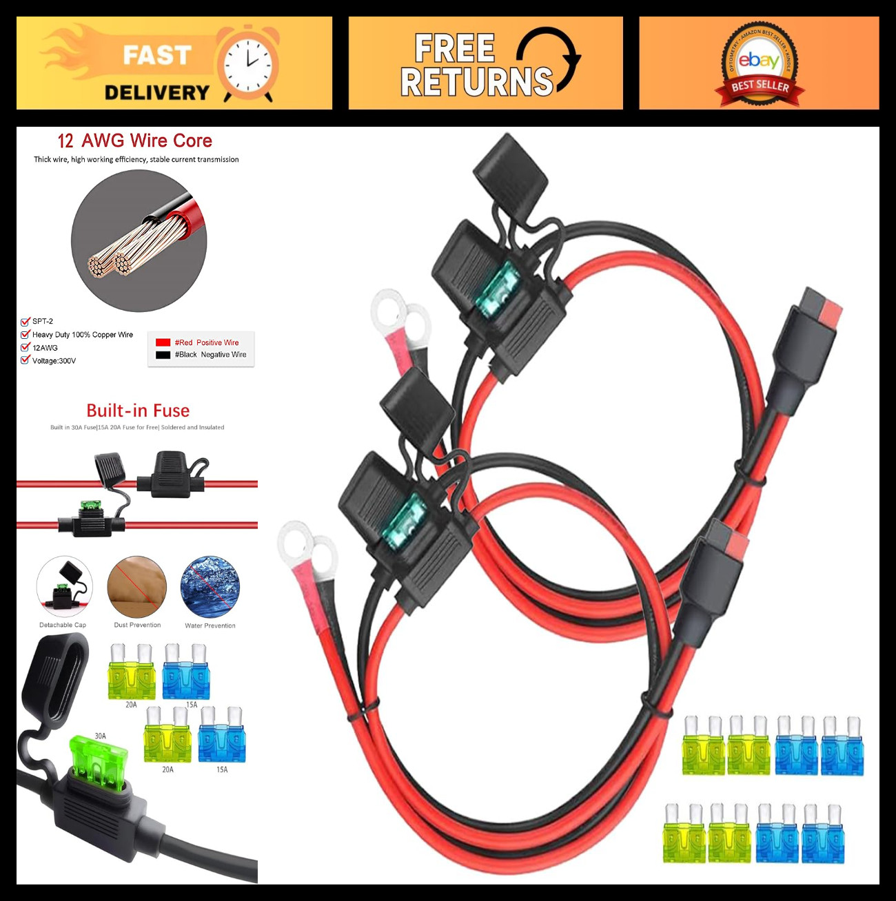 2Pack 12AWG Solar Connector O Ring Terminal, Dual Fuse Holder Cable 2FT for Powe