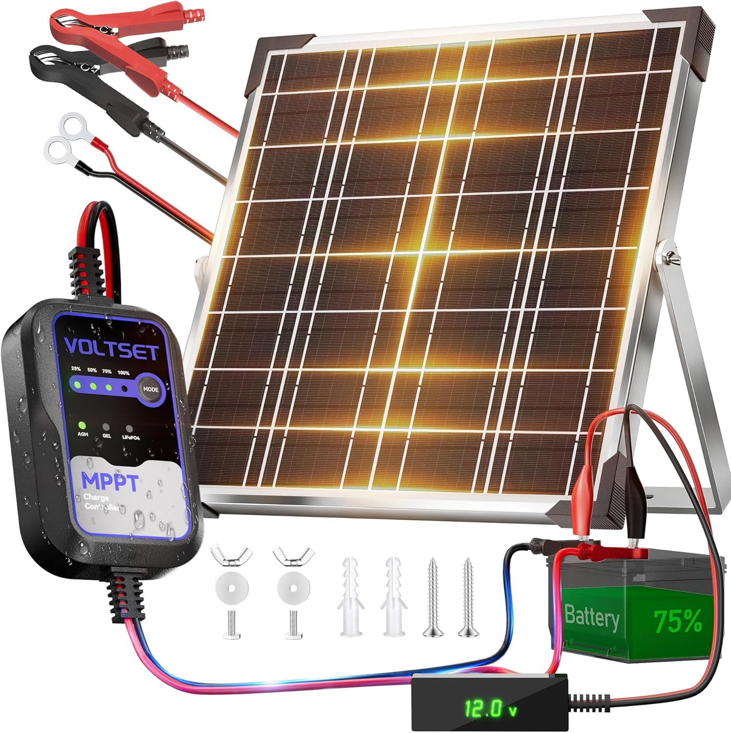 20W 12V Solar Battery Charger with LCD Tester – Waterproof MPPT Maintainer