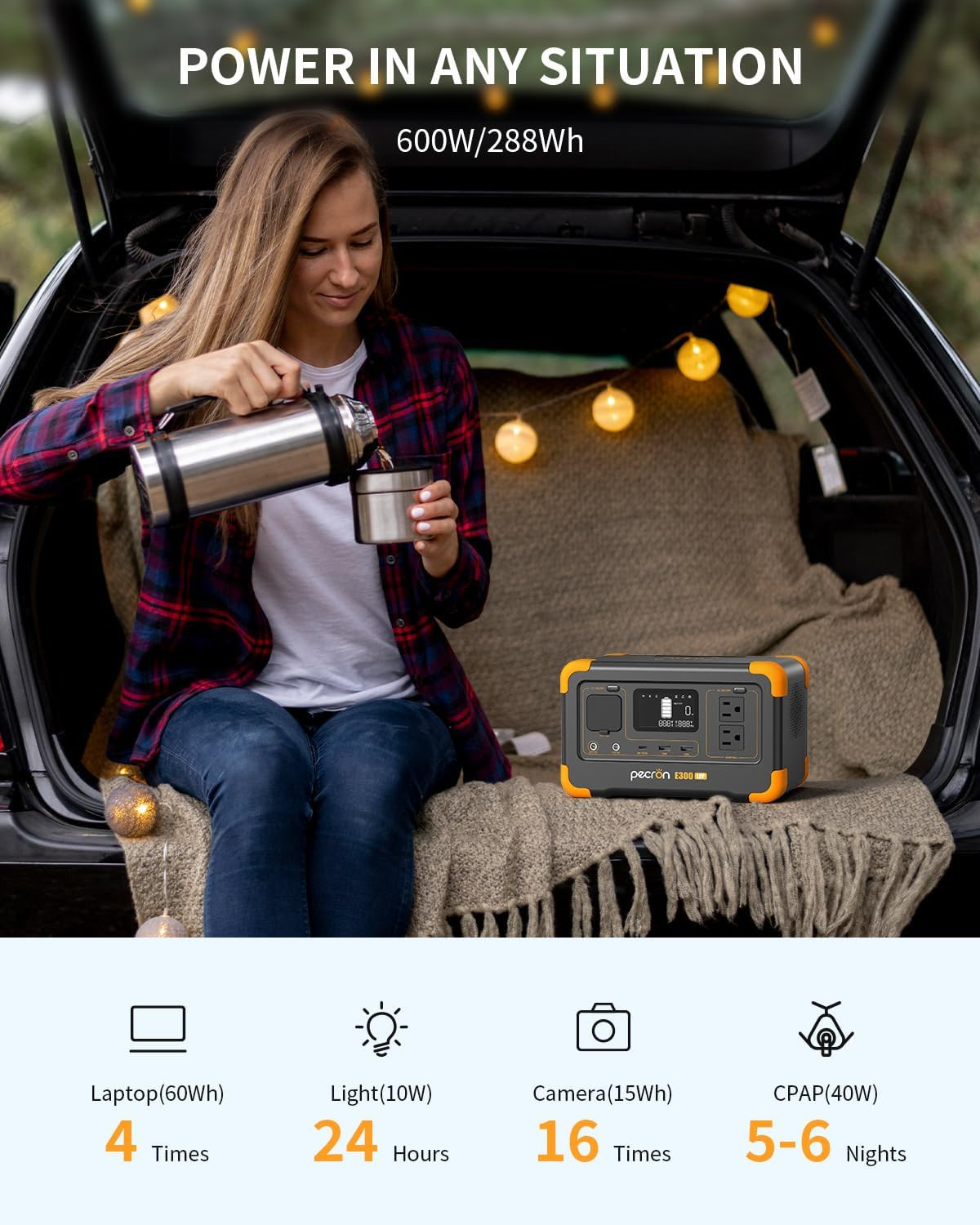 Portable Power Station E300LFP, 288Wh Solar Generator, 2 up to 600W AC Outlets G