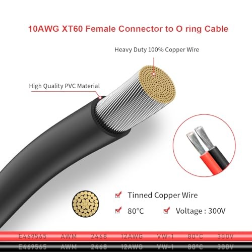 XT60 to O Ring Terminal Cable,Connector Cable 2FT 10AWG XT60 Female to O Ring