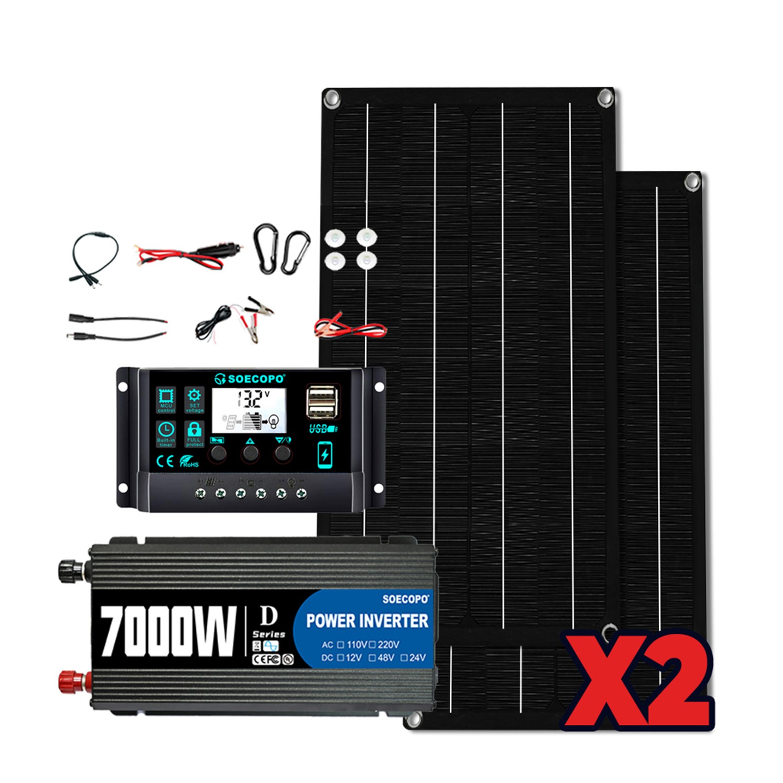 7000W Solar Power Kit | Inverter, 2 Solar Panels, 100A Controller with Display