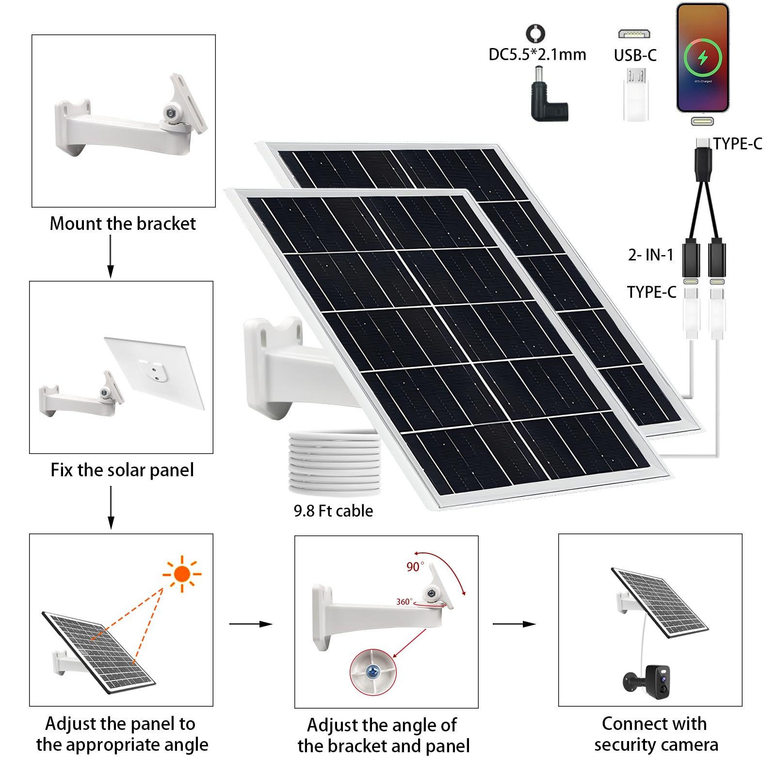 5V 16W Solar Panel 2-Pack IP65 Waterproof with USB-C/Micro USB/DC Ports 9.8ft…