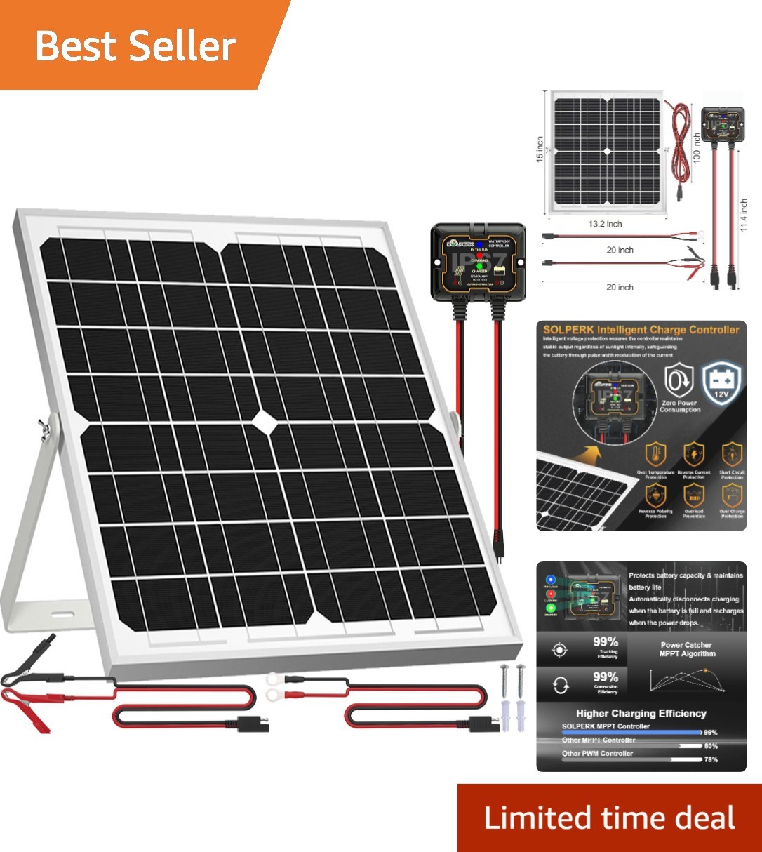 Marine RV 20W Solar Panel Kit with Smart MPPT Controller and Mount Bracket