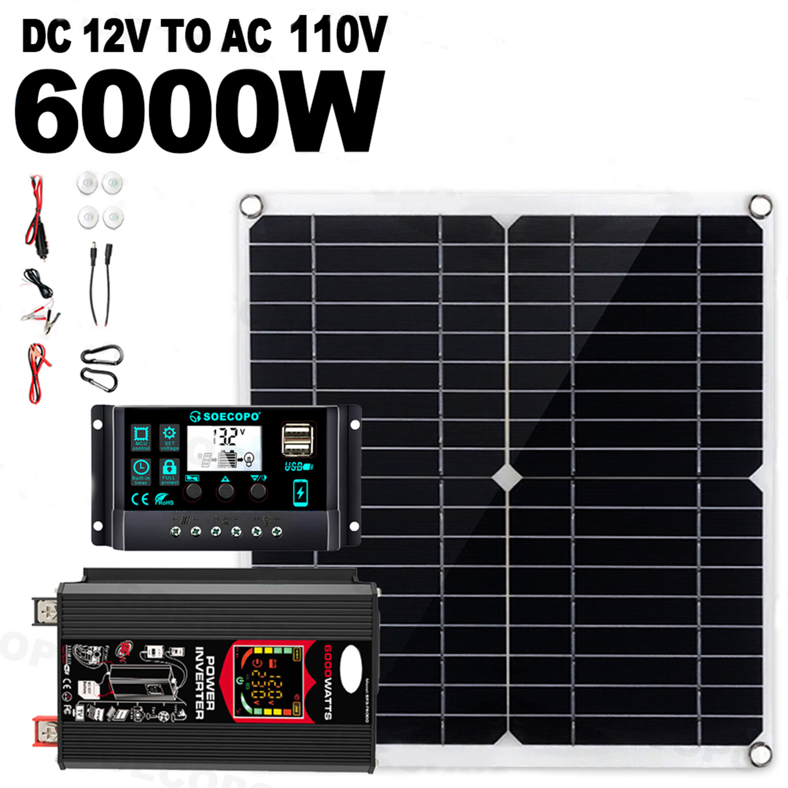 6000W Solar Panel Set Solar Power Inverter Generator 100A Home 110V Grid Syste