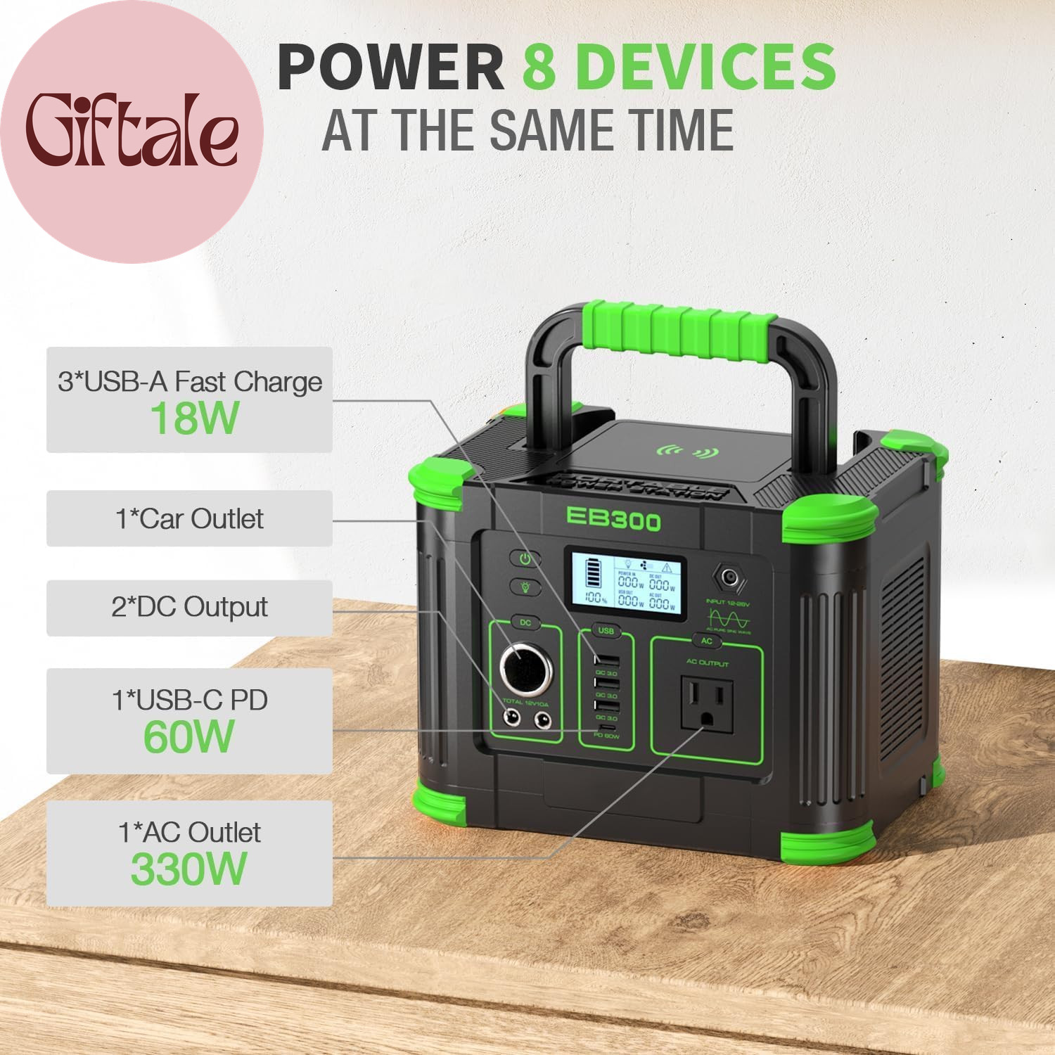 Portable Power Station 330W Solar Generator 288Wh, 60W USB-C PD Fast Charging, P
