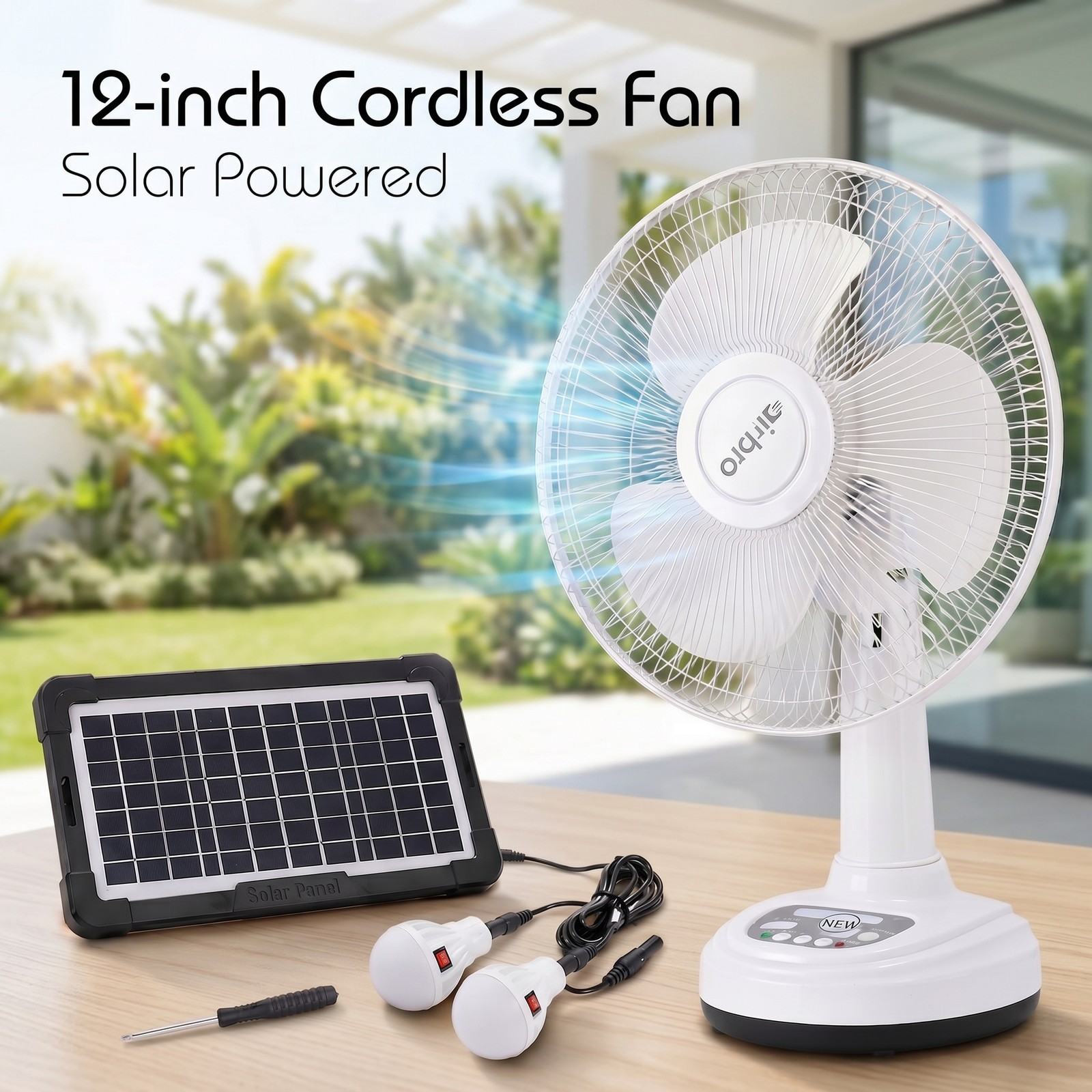 12″ Rechargeable Desk Fan With Solar Panel+2PCS LED Bulbs 2 Speed Camping Travel