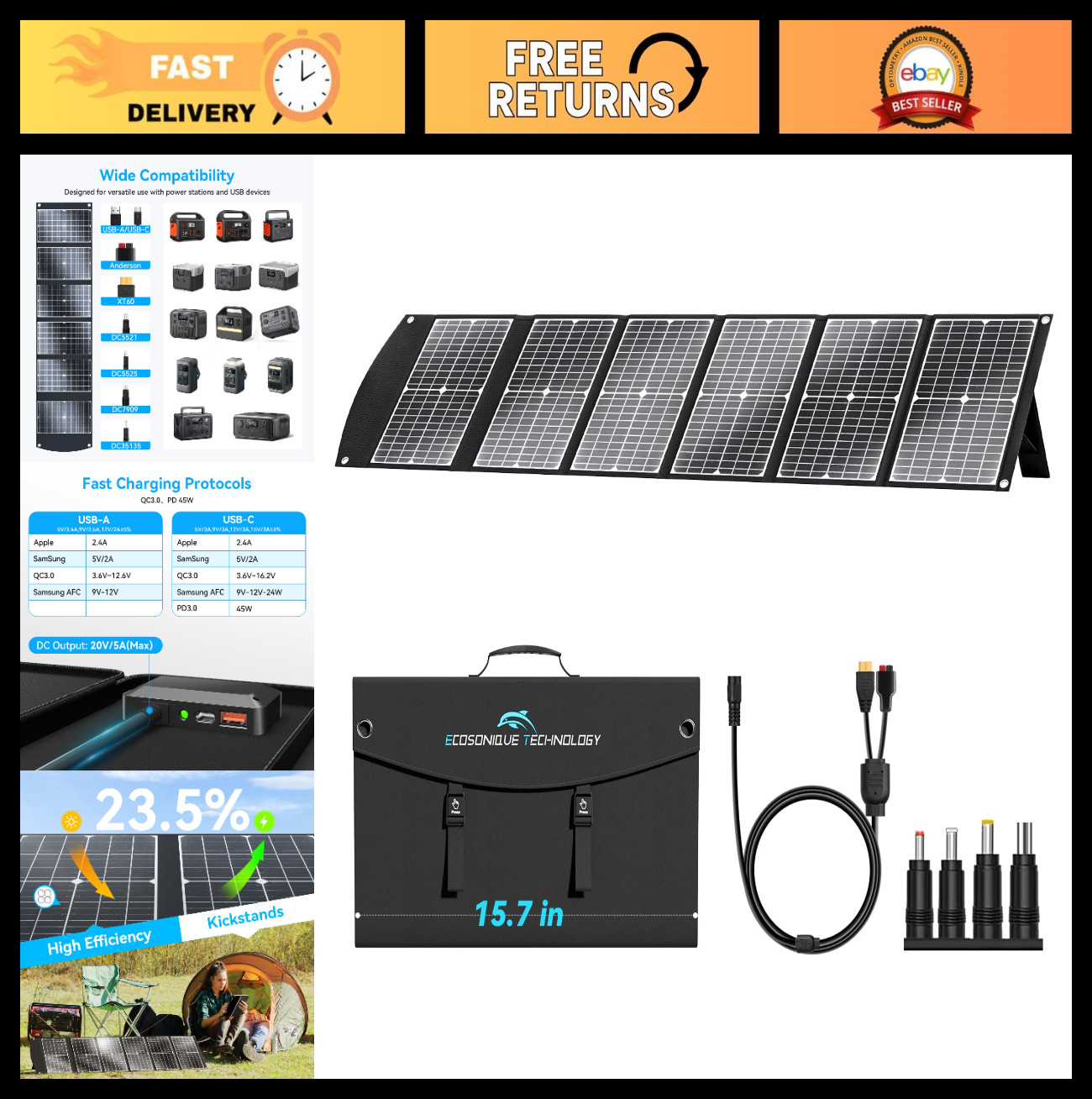 100W Lightweight Foldable Solar Panel with USB QC3.0 & Type-C PD3.0 for Camping,