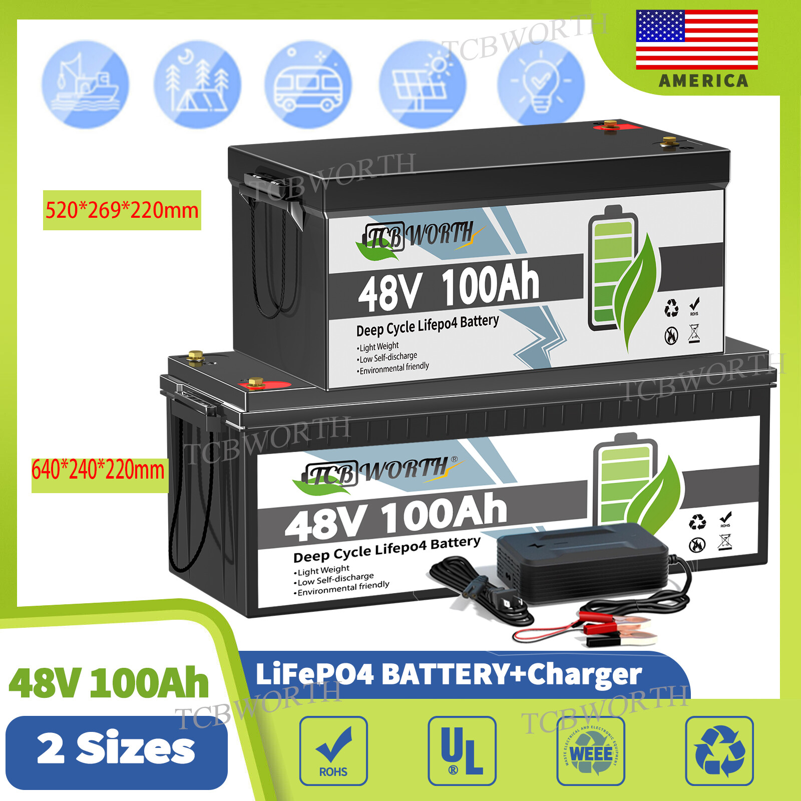 48V 100Ah Lifepo4 Lithium Battery 200A BMS Boat Golf Cart Solar VAN RV EV Camper