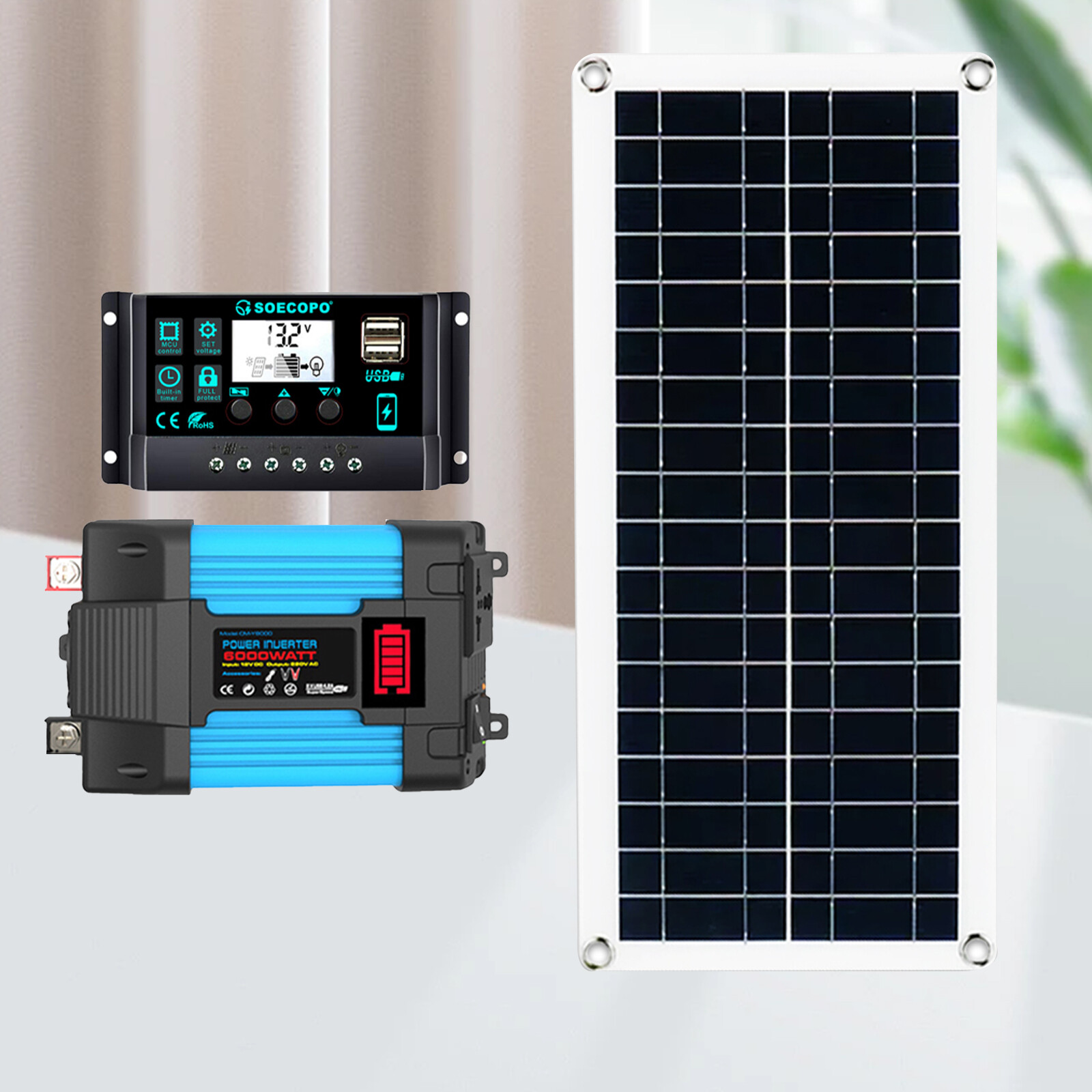 6000W Solar Panel Set Solar Power Inverter Generator 100A Home 110V Grid System
