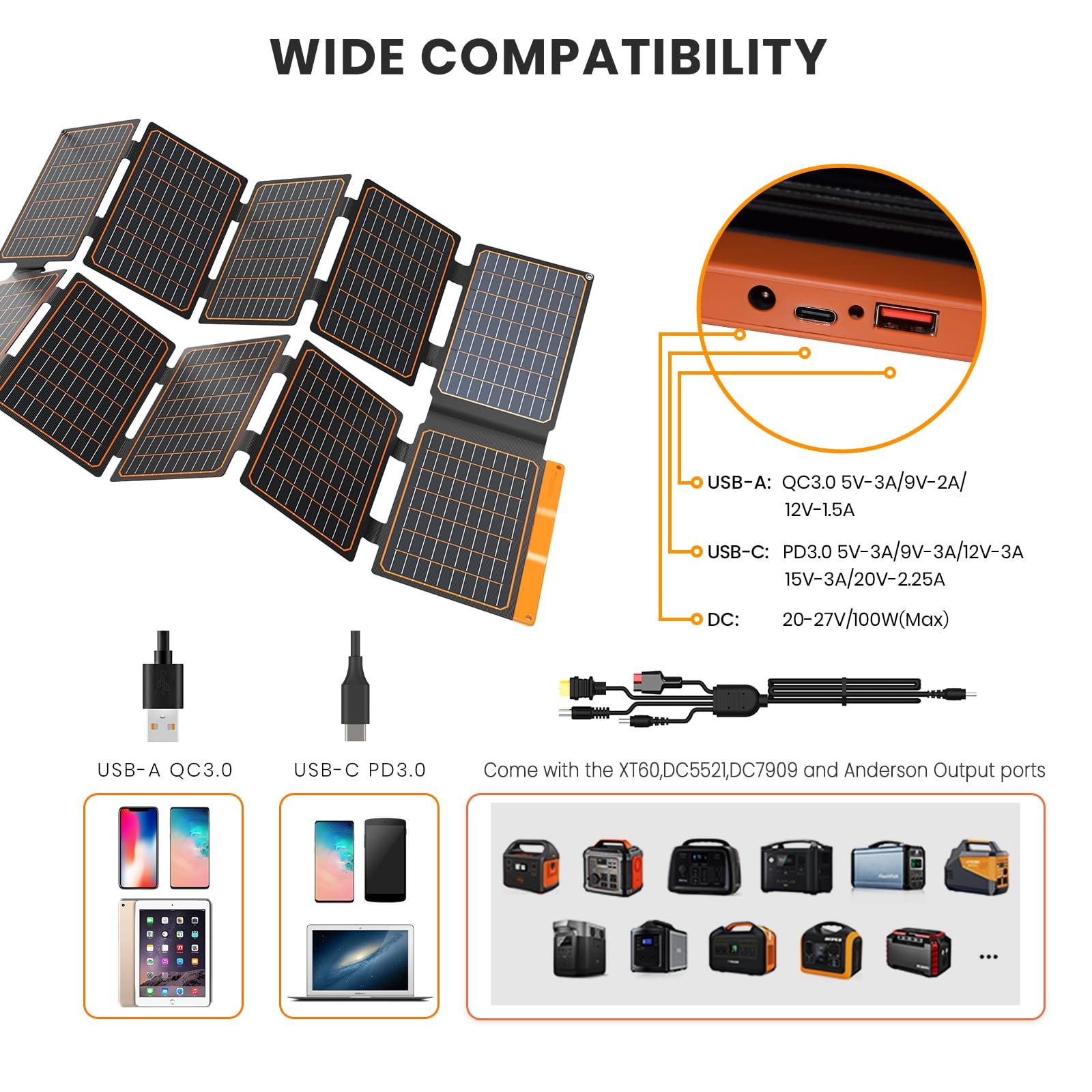 100W Portable Solar Panel – 24% High Efficiency, IP67 Waterproof, QC3.0 USB-A…