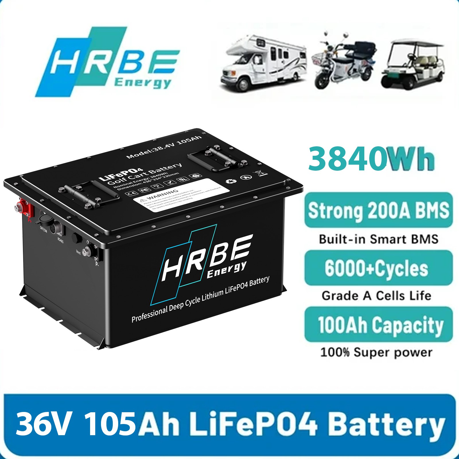 36V 105Ah Golf Cart LiFePO4 Lithium Battery 200A BMS A+Cells with 20A Charger