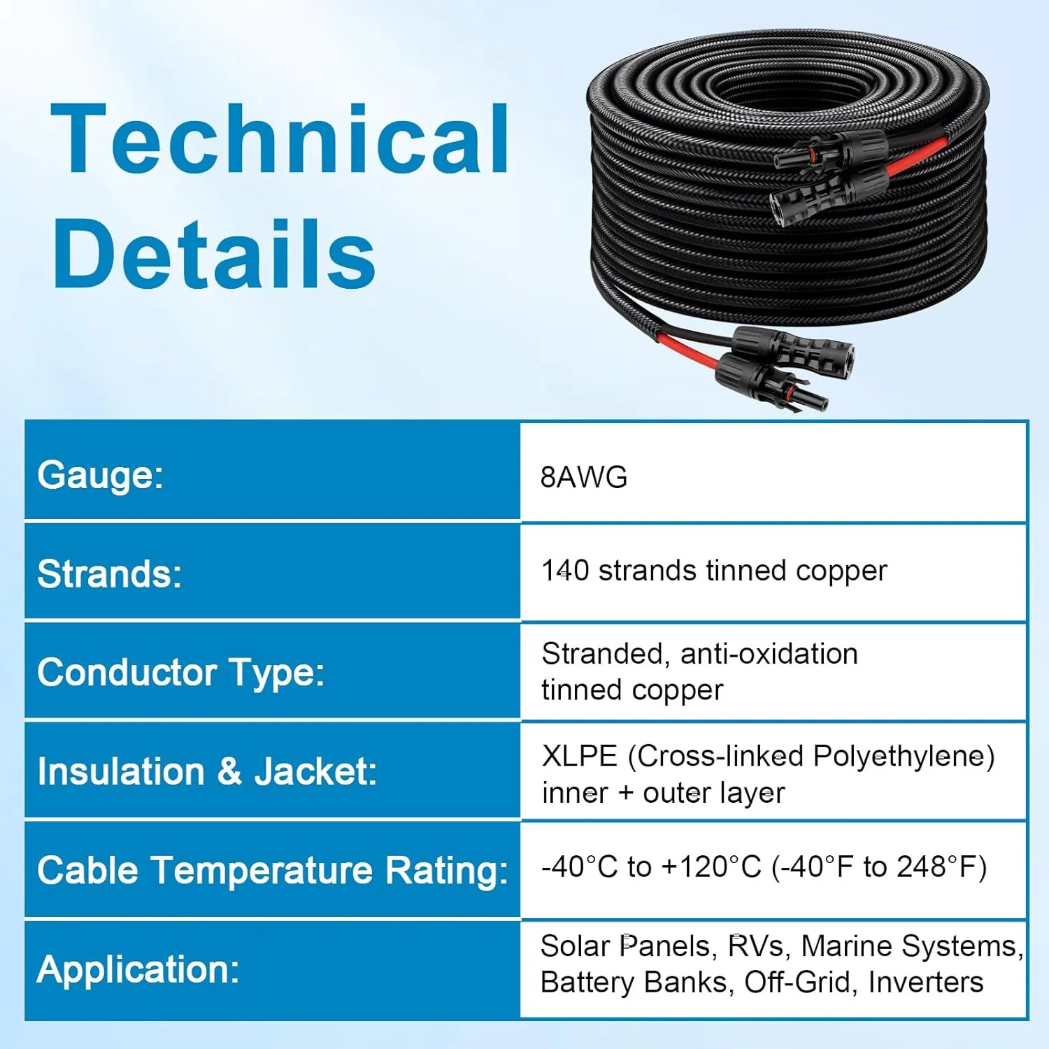 XRDS -RF Solar Cable 6FT, 8AWG Solar Extension Cable with Male & Female Solar Co